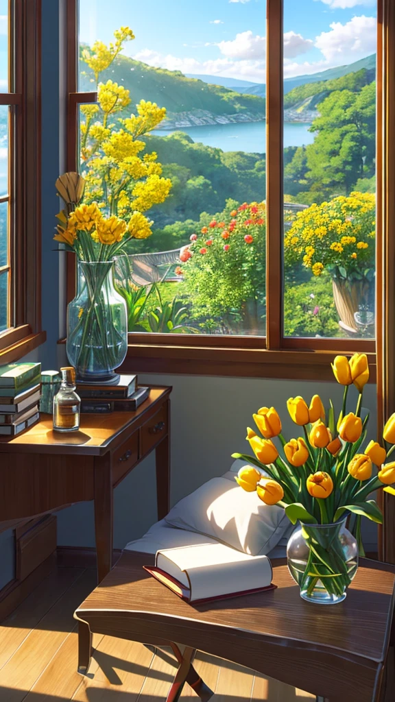 Describe a tranquil morning scene viewed from a cozy study room. Through the large, open window, you can see a breathtaking landscape featuring a majestic cliff covered in lush greenery, basking in the warm glow of the rising sun. The sky is a clear blue with a few scattered clouds. Inside the room, a wooden desk is adorned with various items: architectural drawings, a few brushes in a glass, an ink bottle, and two steaming cups of coffee. To the right, a vase with vibrant red tulips and yellow flowers adds a touch of color and freshness to the scene. The overall atmosphere is serene and inspiring, blending the beauty of nature with a quiet, indoor workspace."