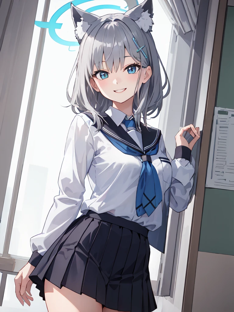 (safe:1.10), best quality, masterpiece, highres, solo, (shiroko_bluearchive:1.10), (smiling, happy, close the mouth, school uniform, delicate clothes:1.2), (anatomically correct:1.4), looking at viewer, frontal, close-up, thighs, standing