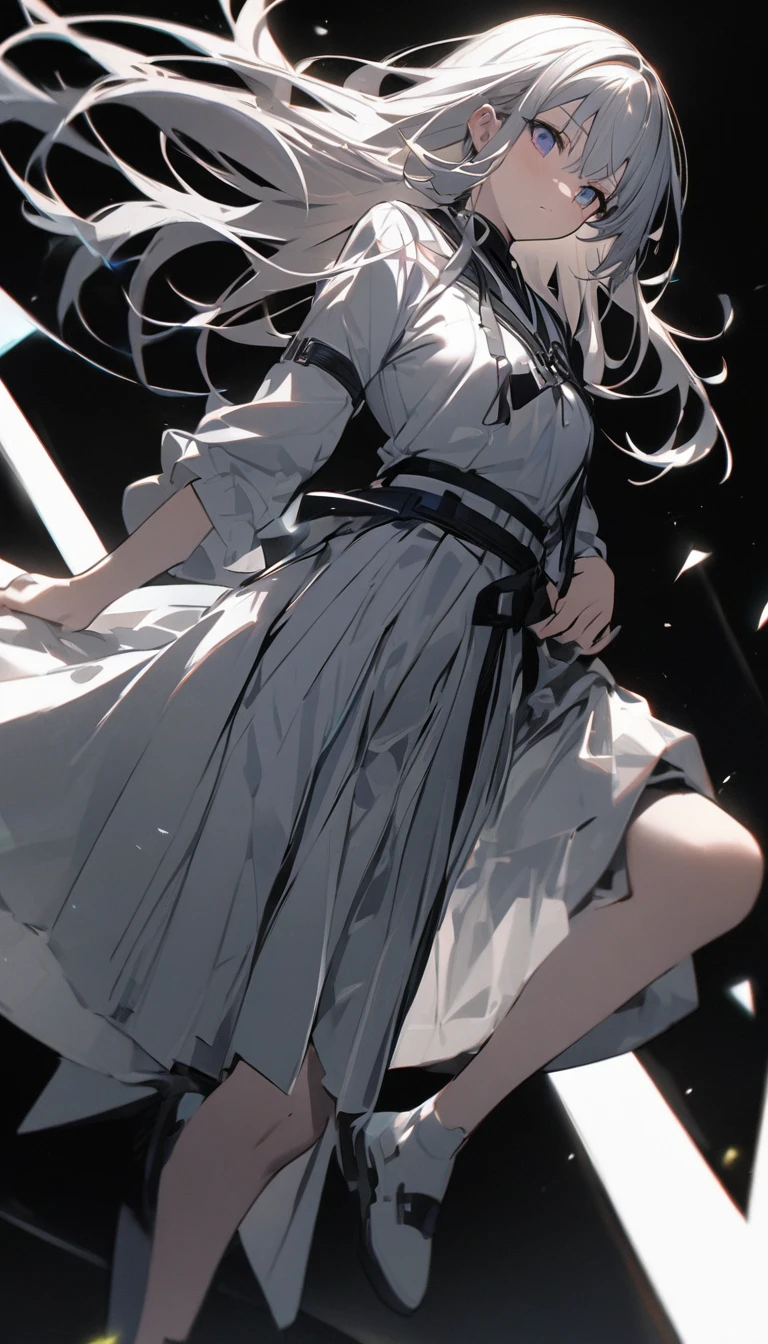top quality、masterpiece、1 girl、16 years、Black background、Black background、Full body angle、White and black hakama、Likewise、They're standing、Black background、gray hair:1.5、Red eyes、Red lips、white clothes、Black and white world、Black and white world、pale skin、Side Blade