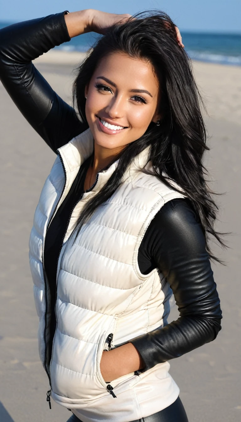 Portrait of a beautiful 25-year-old woman, schwarze haare, beautiful latina, grey longsleeve with white padded vest and black faux leather leggins, am strand, (heller sand, helles und lebendiges Licht: 1.2), shy smile, very big , tanned, nsfw