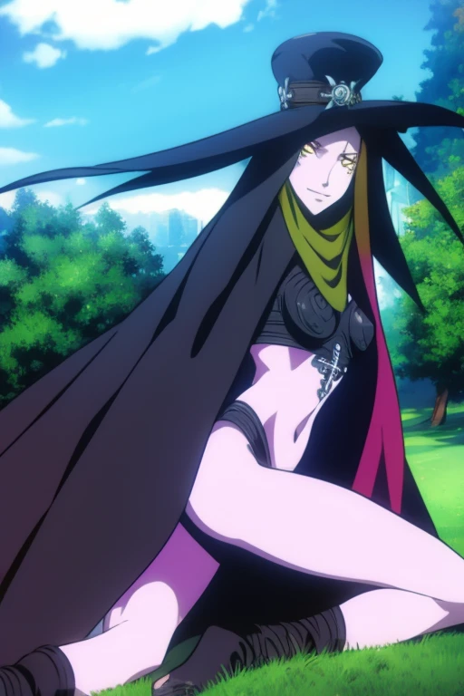 Masterpiece, best quality, Scathach, solo, female1, shin megami tensei, cape hat, black cape, flower tattoo, gloves, white skin, (yellow eyes 1.1), flowing, sitting, shirt, smile, park, city