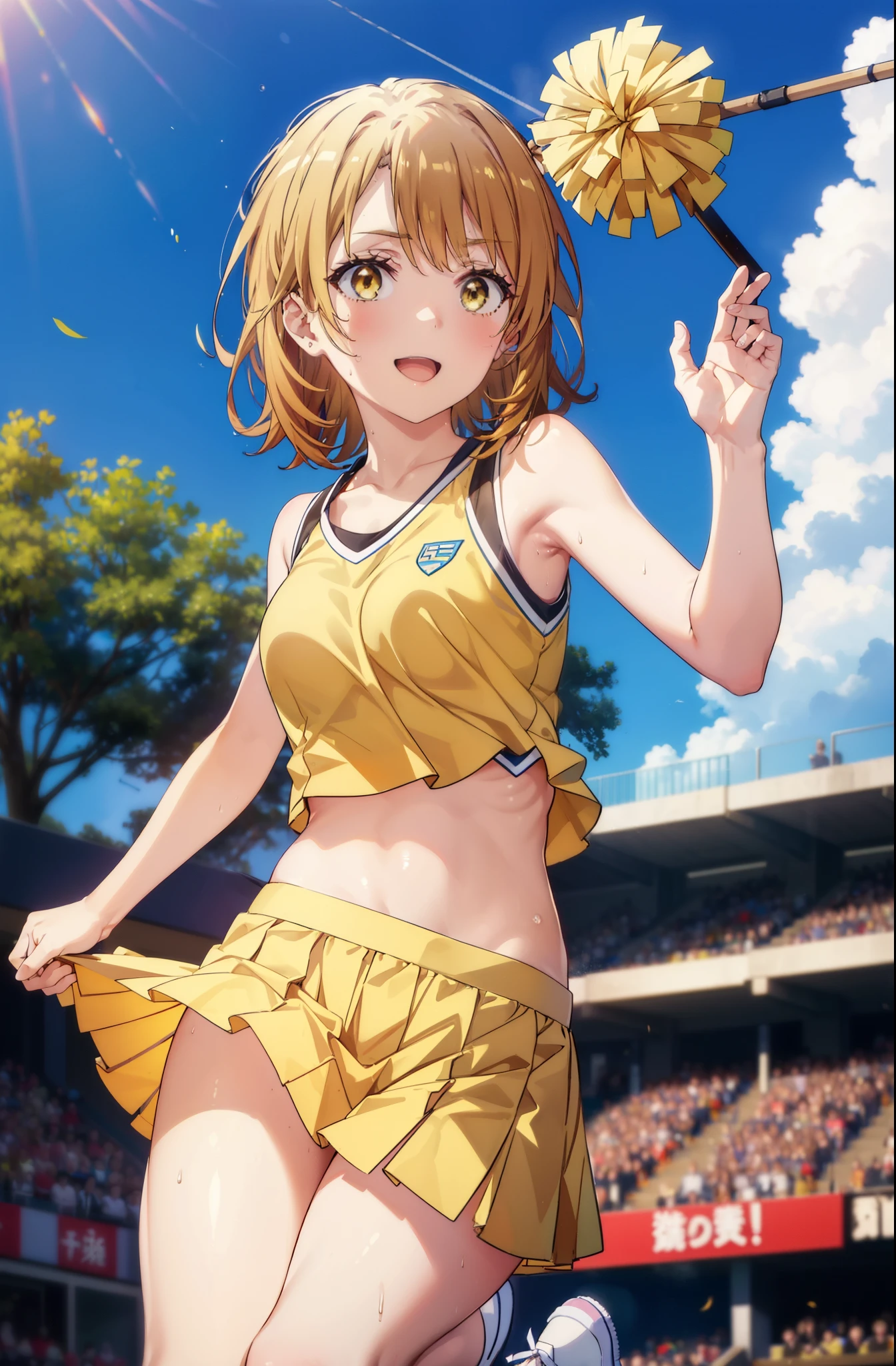irohaisshiki, iroha isshiki, short hair, brown hair, (Brown eyes:1.5), smile,happy smile, smile, Open your mouth,(cheer leading), (whole body), Big Breasts, Lower, (Sweaty), Sweaty Wet Clothes, (Yellow clothes),No sleeve,Yellow pleated skirt,sneakers , Belly button support, playground, (Jump), (Jump), 足を曲げてJumpする, air, blue sky, Grass原, smile
チアリーダー, Pom-pom \(cheer leading\), Grass, smile, whole bodyがイラストに入るように,
break outdoors,Stadium,
break looking at viewer,whole body,
break (masterpiece:1.2), Highest quality, High resolution, unity 8k wallpaper, (shape:0.8), (Fine and beautiful eyes:1.6), Highly detailed face, Perfect lighting, Highly detailed CG, (Perfect hands, Perfect Anatomy),