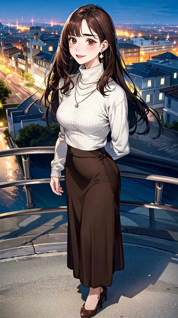 (masterpiece:1.3, Highest quality, Ultra-high resolution, Super detailed), (Realistic, photoRealistic:1.4), Beautiful illustrations, Perfect lighting, colorful, Depth of written boundary,
Beautiful detailed hair, Beautifully detailed face, Beautiful fine details, Beautiful clavicle, Beautiful body, 美しいLarge Breasts, Beautiful thighs, Beautiful feet, Beautiful fingers,
View Viewer, Full Body Shot、Front view:0.6, 1 girl, Japanese, Female college student, Perfect Face, (Perfect Anatomy, Anatomically correct), Cute and symmetrical face, Baby Face, , Shiny skin,
(((Turtleneck sweater:1.4,)) ((Long skirt:1.4)),(pumps:1.4)
(Dark brown hair, Medium Straight Hair:1.4), Dark brown eyes, (Large Breasts), thin,
necklace, (Small earrings:1.3),
(Beautiful views), (night), (city, cityscape in the distance), Are standing, (Smile, Lips parted),