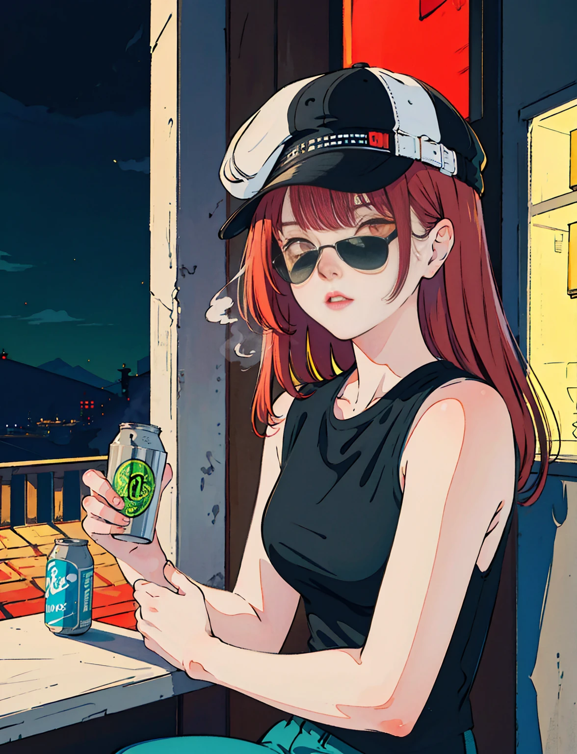 Beautiful redhead Asian girl sitting in a restaurant at night, Visible from the window, Perfect Face, sunglasses, Smoking white Taylormade cigarettes, Neon Black, (Backlight: 1.1), Hard Shadows, masterpiece, Highest quality, Complex, Model shooting style, Vintage, Film Grain, Incomplete details,T-Shirts,Sleeveless,Canned Chuhai,hat,Hold a cigarette