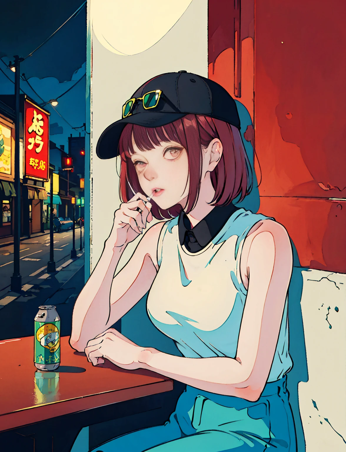 Beautiful redhead Asian girl sitting in a restaurant at night, Visible from the window, Perfect Face, sunglasses, Smoking white Taylormade cigarettes, Neon Black, (Backlight: 1.1), Hard Shadows, masterpiece, Highest quality, Complex, Model shooting style, Vintage, Film Grain, Incomplete details,T-Shirts,Sleeveless,Canned Chuhai,hat,Hold a cigarette