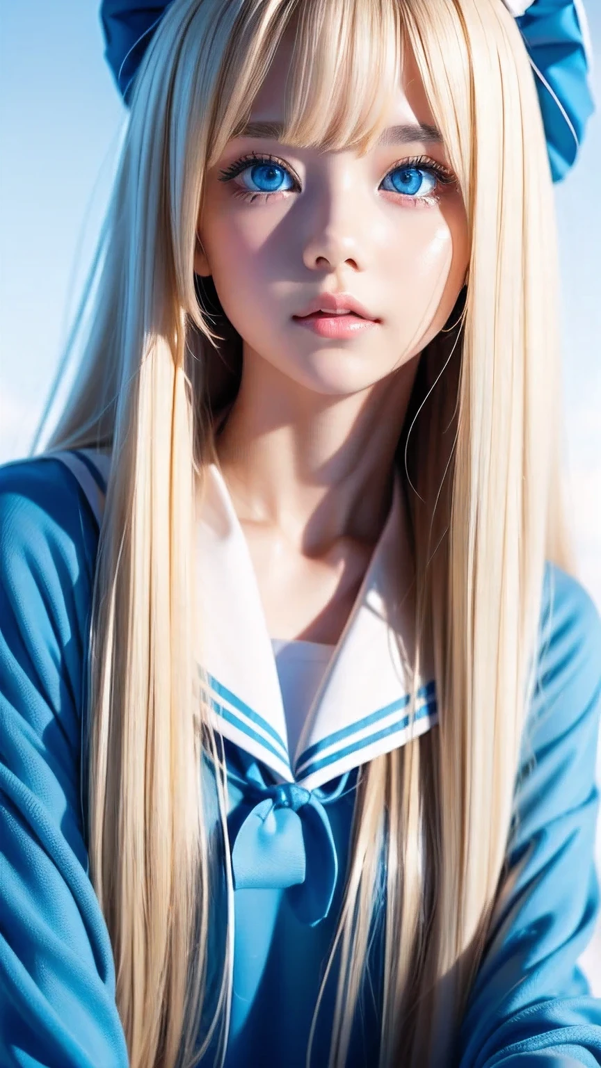 Beautiful girl with a pretty face、beautiful blonde straight super long hair、Half Body Shot、Beautiful long bangs hanging over the face、Very beautiful, bright, pale sky blue eyes、Very big eyes、Blonde hair between the eyes、Round face、Blonde hair above the eyes、片Blonde hair above the eyes、、Sailor suit、Very white and young skin、Cheek gloss、Cheek highlighter、Small Face Beauty