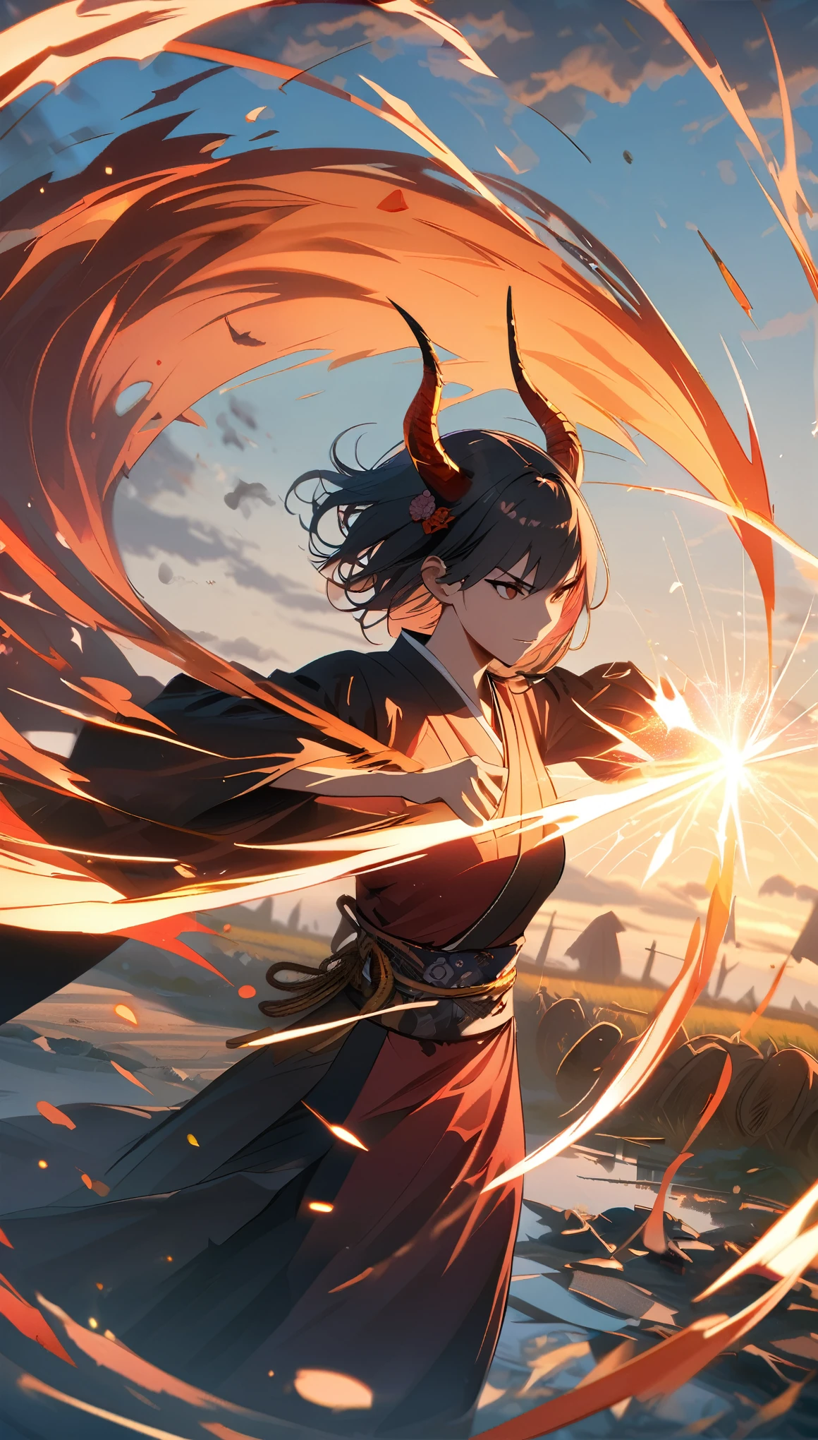Portraiture, Long Hair, short Hair, Brown Eyes, One girl, demon horn, face, Water Magical woman, Absurd, masterpiece, highest quality, Japanese Kimono girl costume, ((grim reaper woman)), short hair, Devastation, Remains, (Fighting Dynamic pose), Apocalypse, Spell casting, Style-Glass, Full Body Shot, (Big sickle)