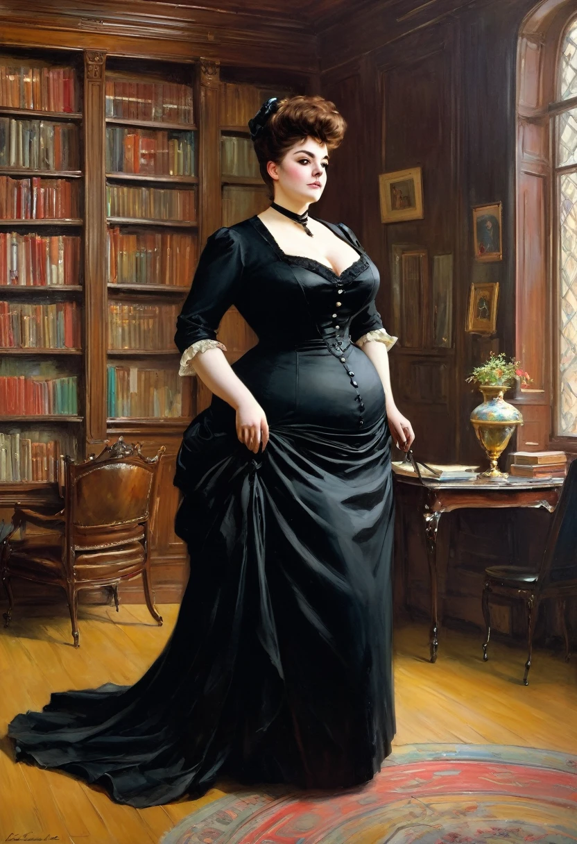 Full body view, a voluptuous buxom mature, curvy fully figured, plump victorian widow in a black dress having some intimacy with a gentleman in the library, by Jean Béraud, inspired by Jean Béraud, inspired by Édouard Detaille, edouard leon cortes, inspired by Ivan Kramskoi, inspired by Jean-Louis-Ernest Meissonier, by Édouard Detaille, inspired by Paul Émile Chabas, 1880 Fashion