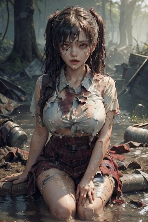 Nipples can be seen through , torn clothes , cloth pieces , (Torn clothes:1.5), (Wet clothes:1.4) , zombie , rotungwoka person