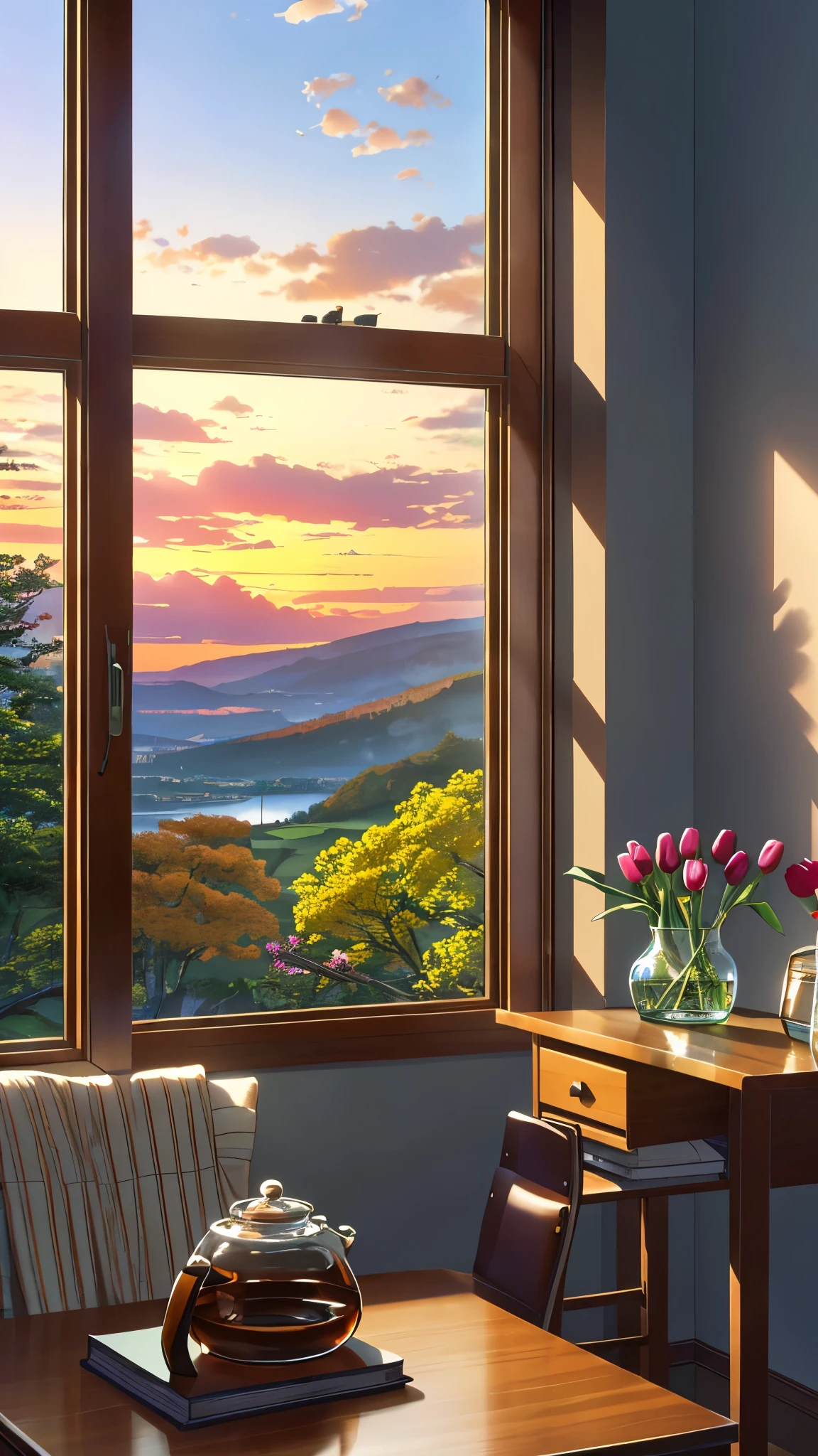 Describe a tranquil morning scene viewed from a cozy study room. Through the large, open window, you can see a breathtaking landscape featuring a majestic cliff covered in lush greenery, basking in the warm glow of the rising sun. The sky is a clear blue with a few scattered clouds. Inside the room, a wooden desk is adorned with various items: architectural drawings, a few brushes in a glass, an ink bottle, and two steaming cups of coffee. To the right, a vase with vibrant red tulips and yellow flowers adds a touch of color and freshness to the scene. The overall atmosphere is serene and inspiring, blending the beauty of nature with a quiet, indoor workspace."