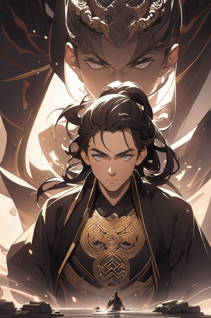 a man with a black robe, ponytail, ancient Chinese clothing, qi, swords and other weapons, in the background waterfalls fall from a high mountain, a beautiful landscape. Detailed face, 8k, embroidered tunic with gold edges, detailed clothing,