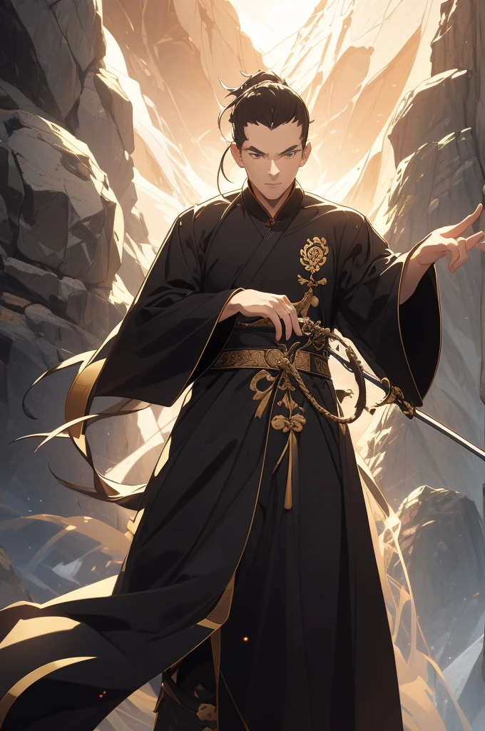 a man with a black robe, ponytail, ancient Chinese clothing, qi, swords and other weapons, in the background waterfalls fall from a high mountain, a beautiful landscape. Detailed face, 8k, embroidered tunic with gold edges, detailed clothing,