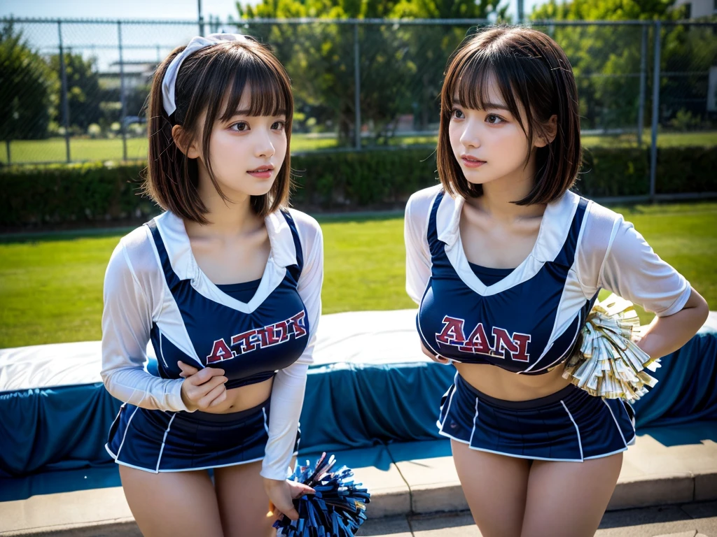 (RAW photo, 4k, masterpiece, high resolution, extremely complex) (realistic: 1.4), cinematic lighting
((2 girls, 2 schoolgirls)),blushing,((innocent)),bright eyes,round eyes,blunt bangs,(short bob hair:1.3),black hair,large breasts,wide hips,Summer Noon, ,Hot, (Best Quality), (Highres), (an Extremely Delicate and Beautiful),(Beautiful 8k face),(Brown eyes),( spectators),(gigantic breasts),(Play with each other,Touching each other's bodies,Touching the body),(cheer girl:1.5),(a miniskirt),(reality),bright lighting,(The background is a luxury hotel room)
