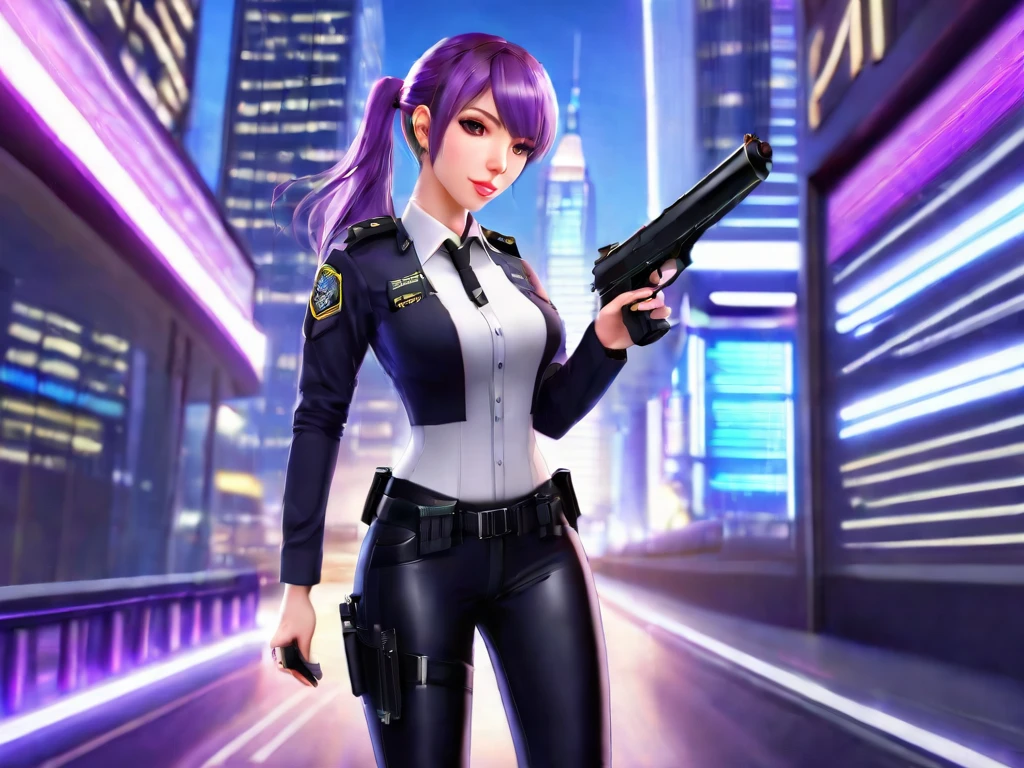 ((masterpiece)), ((best quality)), ((highres)), 1girl, solo, police officer, (matching pants, slacks), city backdrop, (holding and aiming pistol, detailed pistol, glock 22, trigger discipline), standing, medium hair, (purple hair, twintails), (green eyes),