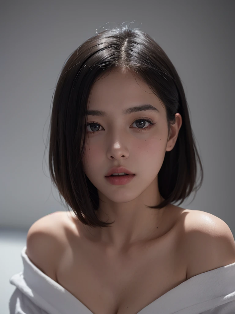 Best quality, masterpiece, ultra high res, (photorealistic:1.5), raw photo, 1girl, offshoulder, in the dark, deep shadow, low key, cold light, sexy look, short hair,black hair, black eyes, full body
