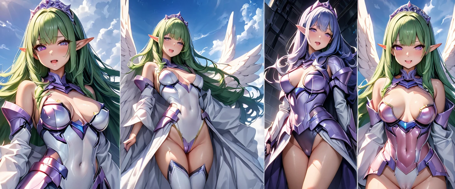 NSFW, (Perfect Anatomy)、Mastepiece、Ultra High Quality、 8K、masterpiece、Highest quality、Ultra-high resolution、Maximum resolution、Very detailed、Professional Lighting、anime、woman、thin、so beautiful、2girl, White sheer leotard、((Pink and white armor))、Shiny Armor、White decoration、Gorgeous tiara、Golden earrings、Blue Hair、Purple Eyes、Medium breast、Pink Lips、Elf Ears、White cloak、Costumes that dig into the crotch、Front open skirt, break, Screaming face、Open your mouth、White and purple enamel high leg leotard、Purple pattern、((Cyber Armor))、Shiny Armor、White decoration、Cyber Headgear、Shoulders show skin、Blue Earrings、Green Hair、long hair、Purple Eyes、Medium breast、Pink Lips、White cloak、Angel Wings、Blue sky with clouds、Full body view