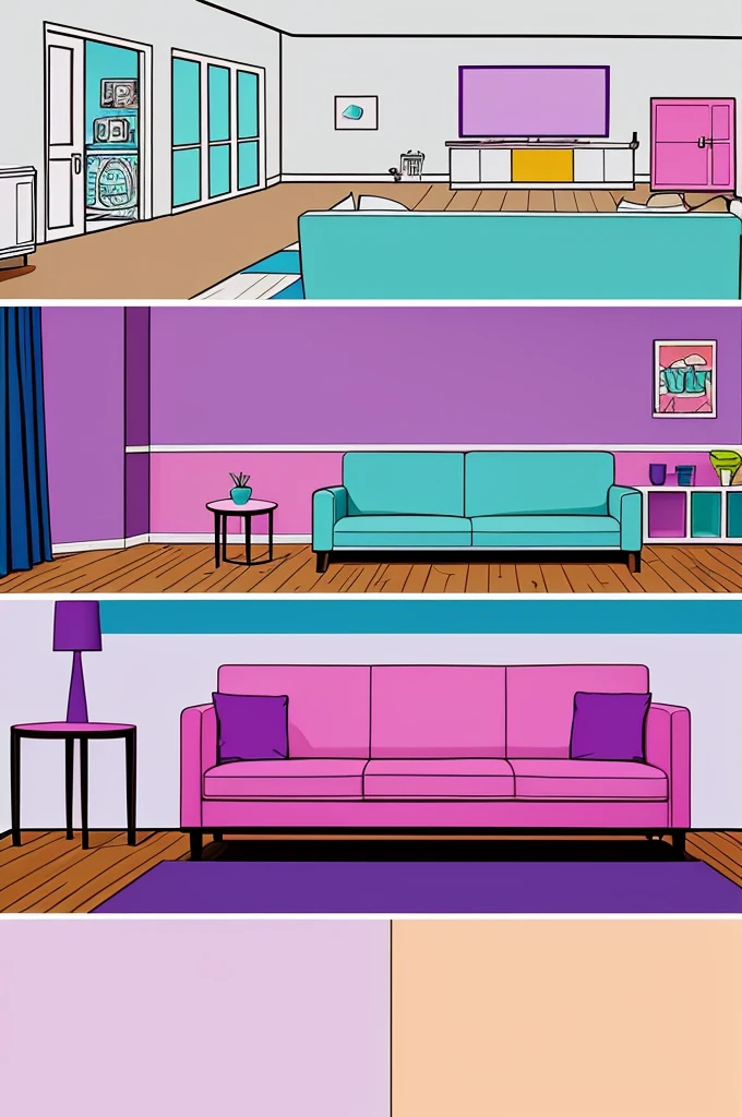 a drawing of a living room with a blue couch, interior background art, very detailed backgrounds, detailed backgrounds, painting of a room, personal room background, cartoon network stillframe, background art, a room, random background scene, empty room, an interior of room, sunrise coloring the room, living room background, courage the cowardly dog, lou romano color scheme. in the pastel colors of Black, White, pink, neon green, purple, and cerulean blue.