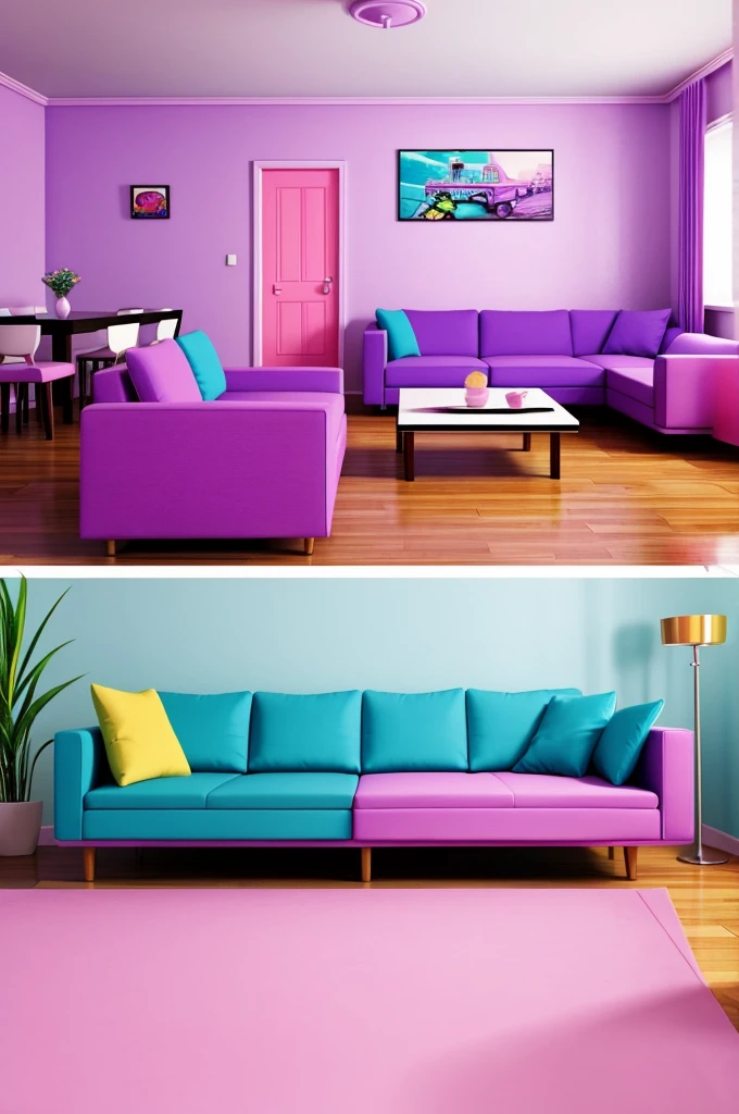 a drawing of a living room with a blue couch, interior background art, very detailed backgrounds, detailed backgrounds, painting of a room, personal room background, cartoon network stillframe, background art, a room, random background scene, empty room, an interior of room, sunrise coloring the room, living room background, courage the cowardly dog, lou romano color scheme. in the pastel colors of Black, White, pink, neon green, purple, and cerulean blue.