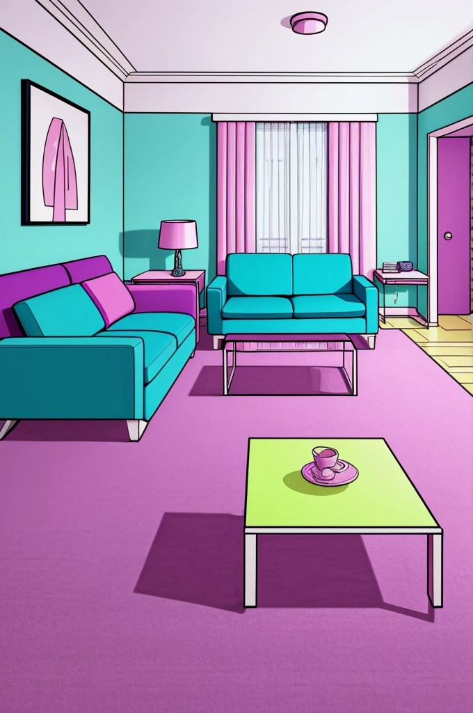 a drawing of a living room with a blue couch, interior background art, very detailed backgrounds, detailed backgrounds, painting of a room, personal room background, cartoon network stillframe, background art, a room, random background scene, empty room, an interior of room, sunrise coloring the room, living room background, courage the cowardly dog, lou romano color scheme. in the pastel colors of Black, White, pink, neon green, purple, and cerulean blue.