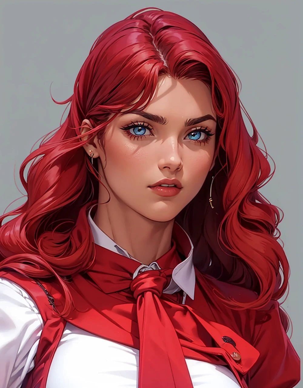 Roberta Pardo, uma personagem da novela "Rebelde", Sensual, performed by Dulce María. Ela tem cabelo vermelho vibrante, estilizado em ondas soltas com franja. Roberta is wearing a school uniform: a fitted white shirt with the buttons open and the sleeves rolled up, combined with a red tie loosely tied around the neck. Sobre os ombros, she has a red sweater. Ela veste uma saia curta plissada azul-marinho com um cinto distinto que exibe o emblema da Elite Way School. Roberta completa seu visual com botas de cano alto em jeans azul escuro e meias brancas aparecendo no topo. Add multiple bracelets to your wrists, enfatizando sua personalidade rebelde e estilosa. O fundo deve ser simples e cinza, focusing attention on your striking appearance, extremamente realista, muito linda, sexy, bunda grande, pernas grossas, Fitness.