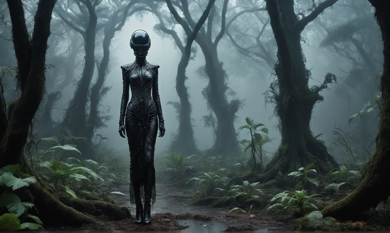 abandoned young niobium glass junkie's mummy made of dead crystal plants, foggy Louisiana forest, radioactive atmosphere,charcoal mechanical clockwork , steampunk dark horror fantasy, ominous fairyland,large number of stars fly towards the viewer,ruined theme,lots of toxic dust,amazon,full body length shot,once pretty face,full body length, eerie atmosphere, ethereal presence, toxic mists, supernatural entities, sinister aura, dark and twisted branches, macabre elements, eerie and ominous lighting,Complicated detail,captivating creation,intricate details,extremely detailed,masterpiece,intricate details,eyes extremely detailed, high detailed eyes,32k resolution, Nikon Z9,like Stone Forest in Yunnan Province of China,Simon Stalenhag,Nicola Samori,Wangechi Mutu, horror movie, cinematic look, creepy aesthetic, ultra detailed, photorealistic, masterpiece,(professional 3d render:1.3),junkie,black and (pink:0.7), organic outfit with a curved mask and a glass dome visor, fashionable alien junkie, vespertine, futuristic clothing and glass, movie stile, avante garde design stylings inspired by white and black squares and curves(Intricate:1.4), decadent
