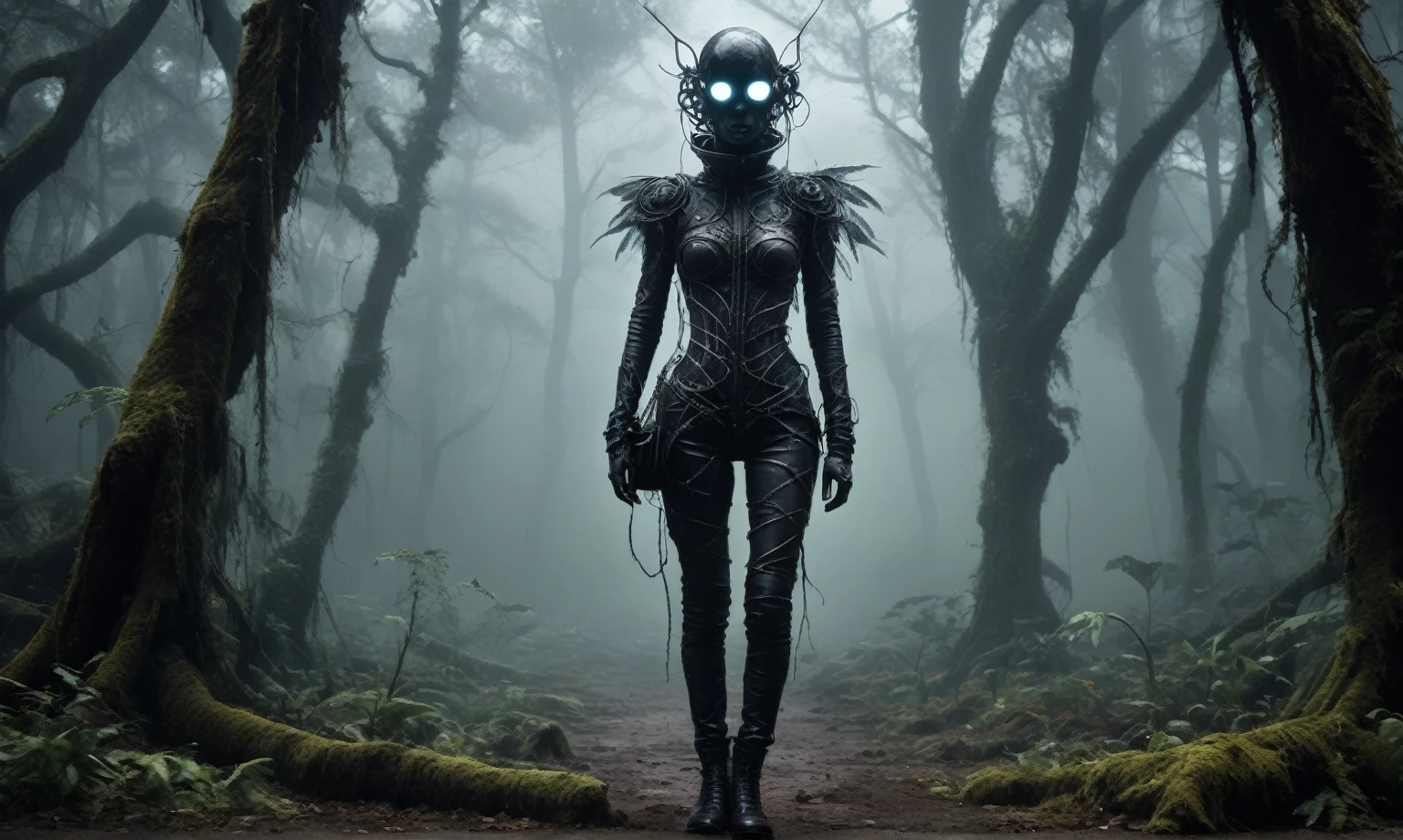 abandoned young niobium glass junkie's mummy made of dead crystal plants, foggy Louisiana forest, radioactive atmosphere,charcoal mechanical clockwork , steampunk dark horror fantasy, ominous fairyland,large number of stars fly towards the viewer,ruined theme,lots of toxic dust,amazon,full body length shot,once pretty face,full body length, eerie atmosphere, ethereal presence, toxic mists, supernatural entities, sinister aura, dark and twisted branches, macabre elements, eerie and ominous lighting，Complicated detail,captivating creation,intricate details,extremely detailed,masterpiece,intricate details,eyes extremely detailed, high detailed eyes,32k resolution, Nikon Z9,like Stone Forest in Yunnan Province of China,Simon Stalenhag,Nicola Samori,Wangechi Mutu, horror movie, cinematic look, creepy aesthetic, ultra detailed, photorealistic, masterpiece,(professional 3d render:1.3),junkie,black and (pink:0.7), organic outfit with a curved mask and a glass dome visor, fashionable alien junkie, vespertine, futuristic clothing and glass, movie stile, avante garde design stylings inspired by white and black  squares and curves(Intricate:1.4), decadent