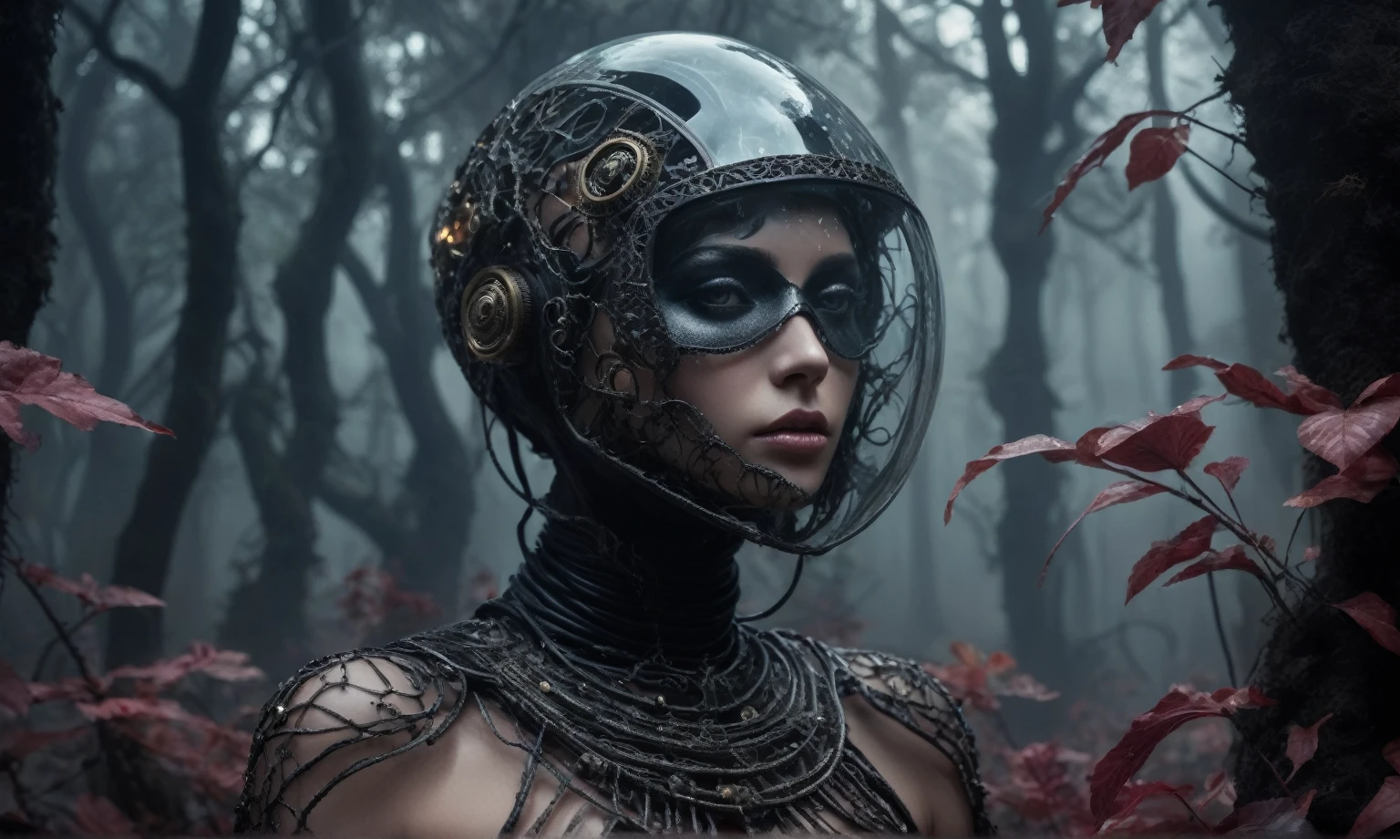abandoned young niobium glass junkie's mummy made of dead crystal plants, foggy Louisiana forest, radioactive atmosphere,charcoal mechanical clockwork , steampunk dark horror fantasy, ominous fairyland,large number of stars fly towards the viewer,ruined theme,lots of toxic dust,amazon,full body length shot,once pretty face,full body length, eerie atmosphere, ethereal presence, toxic mists, supernatural entities, sinister aura, dark and twisted branches, macabre elements, eerie and ominous lighting,Complicated detail,captivating creation,intricate details,extremely detailed,masterpiece,intricate details,eyes extremely detailed, high detailed eyes,32k resolution, Nikon Z9,like Stone Forest in Yunnan Province of China,Simon Stalenhag,Nicola Samori,Wangechi Mutu, horror movie, cinematic look, creepy aesthetic, ultra detailed, photorealistic, masterpiece,(professional 3d render:1.3),junkie,black and (pink:0.7), organic outfit with a curved mask and a glass dome visor, fashionable alien junkie, vespertine, futuristic clothing and glass, movie stile, avante garde design stylings inspired by white and black squares and curves(Intricate:1.4), decadent