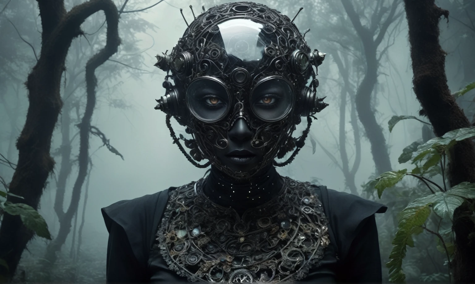 abandoned young niobium glass junkie's mummy made of dead crystal plants, foggy Louisiana forest, radioactive atmosphere,charcoal mechanical clockwork , steampunk dark horror fantasy, ominous fairyland,large number of stars fly towards the viewer,ruined theme,lots of toxic dust,amazon,full body length shot,once pretty face,full body length, eerie atmosphere, ethereal presence, toxic mists, supernatural entities, sinister aura, dark and twisted branches, macabre elements, eerie and ominous lighting，Complicated detail,captivating creation,intricate details,extremely detailed,masterpiece,intricate details,eyes extremely detailed, high detailed eyes,32k resolution, Nikon Z9,like Stone Forest in Yunnan Province of China,Simon Stalenhag,Nicola Samori,Wangechi Mutu, horror movie, cinematic look, creepy aesthetic, ultra detailed, photorealistic, masterpiece,(professional 3d render:1.3),junkie,black and (pink:0.7), organic outfit with a curved mask and a glass dome visor, fashionable alien junkie, vespertine, futuristic clothing and glass, movie stile, avante garde design stylings inspired by white and black  squares and curves(Intricate:1.4), decadent