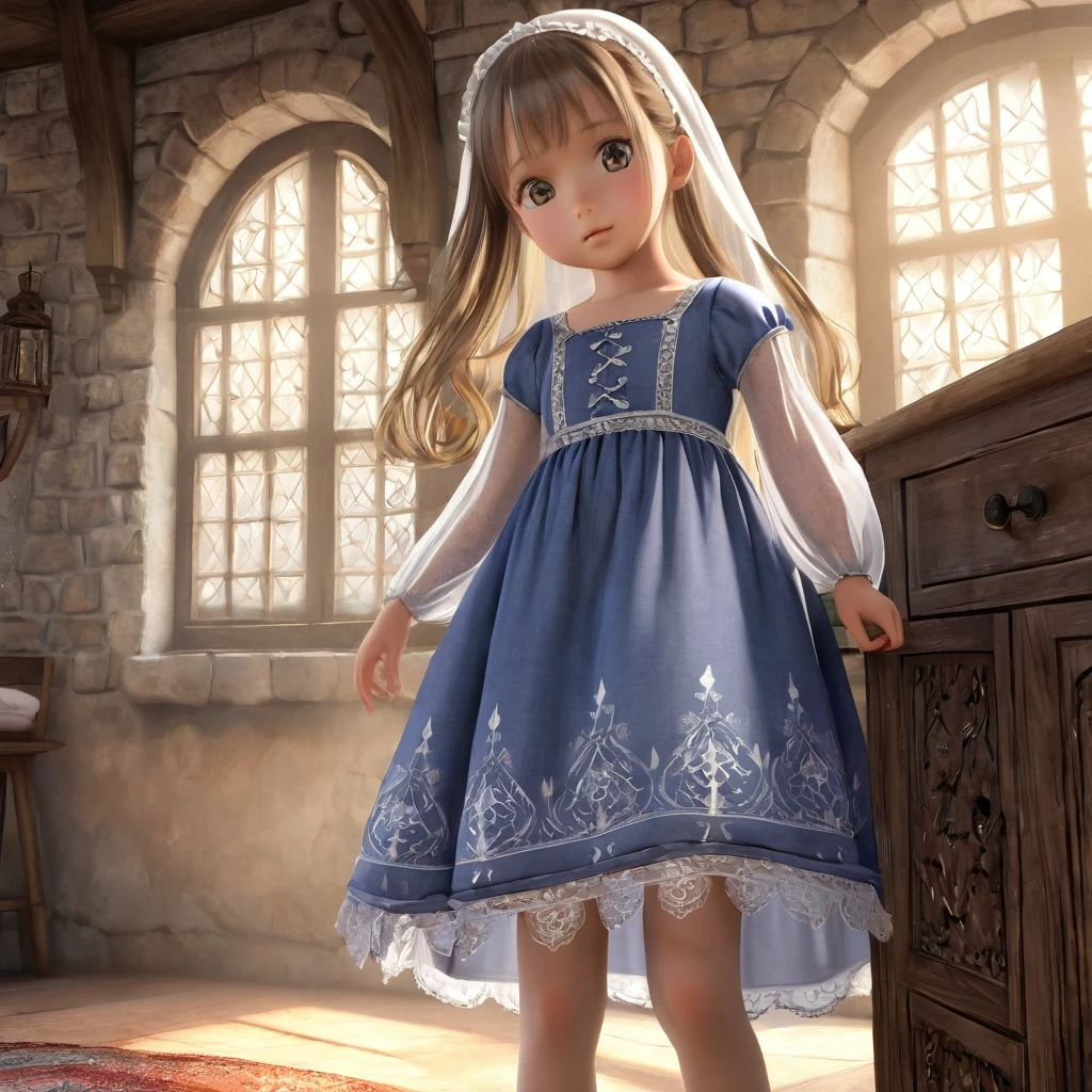 6 year old girl underwear, Realistic panties made of patterned cotton fabric, Medieval One Piece Long Dress, Fabric Realism, Low Angle, You can see the drawer, Pull up the hem of your dress with your hands, Strong winds, Translucent slip, Translucent slip, tights、Peeking from below, Highest quality, Crotch close-up,