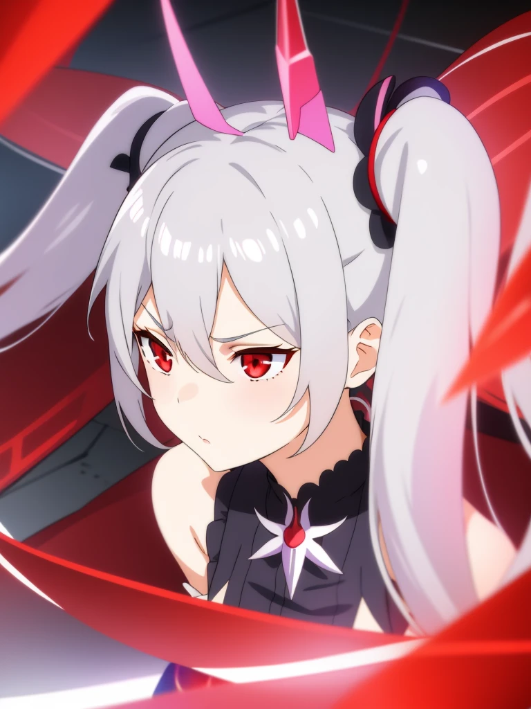 1girl, anime girl, silver hair, long twintails, red eyes, serious face, honkai