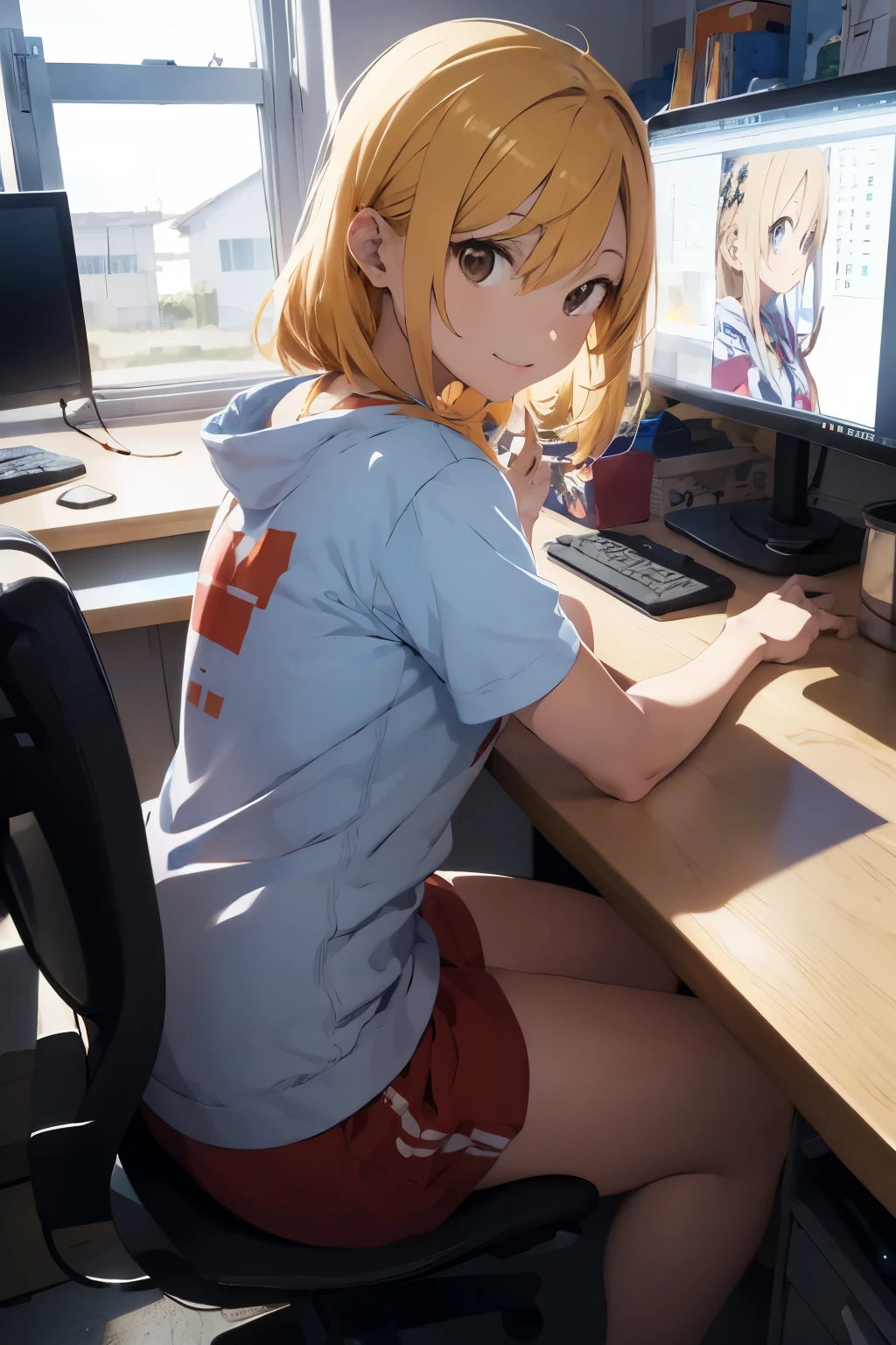 Chica anime jugando en una computadora gamer en la oscuridad.