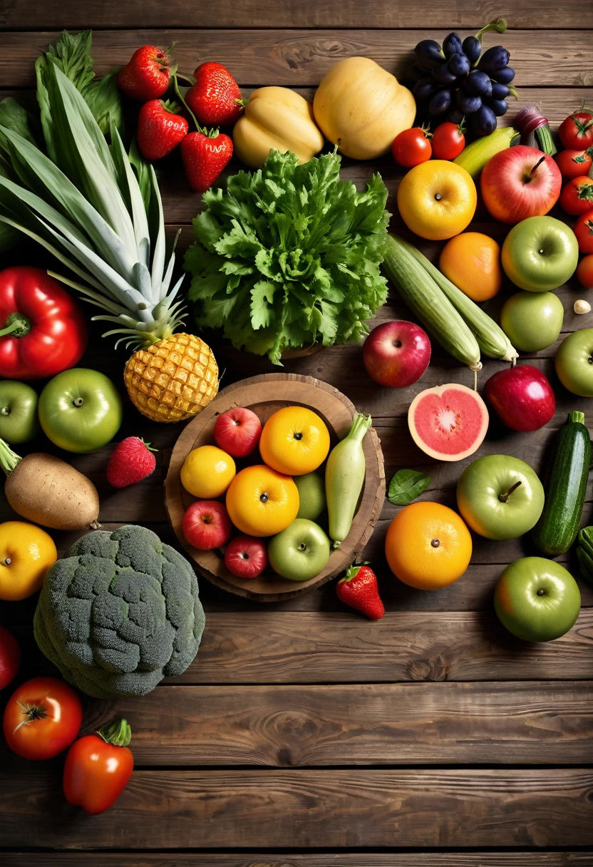 Design an image featuring a variety of fresh fruits and vegetables neatly arranged on a rustic wooden table. Ensure the colors are bright and the produce looks fresh and appetizing
