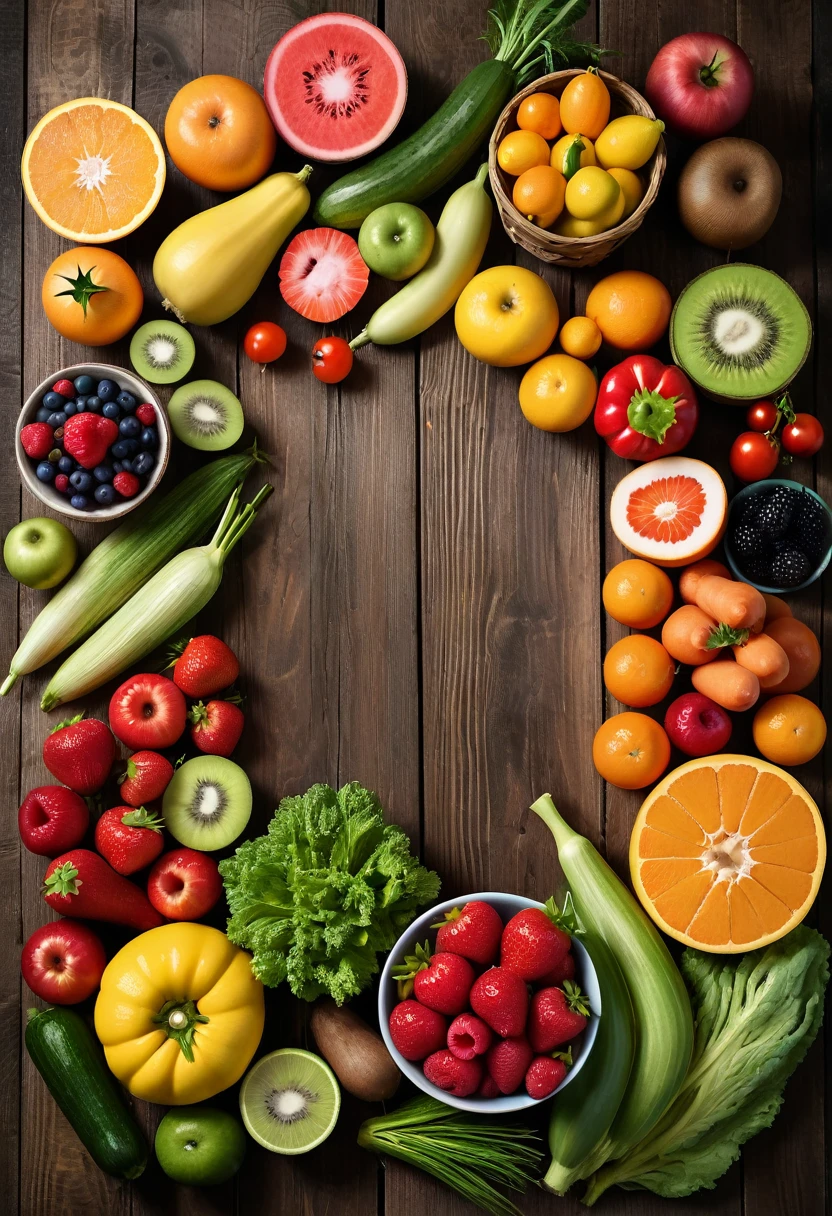 Design an image featuring a variety of fresh fruits and vegetables neatly arranged on a rustic wooden table. Ensure the colors are bright and the produce looks fresh and appetizing