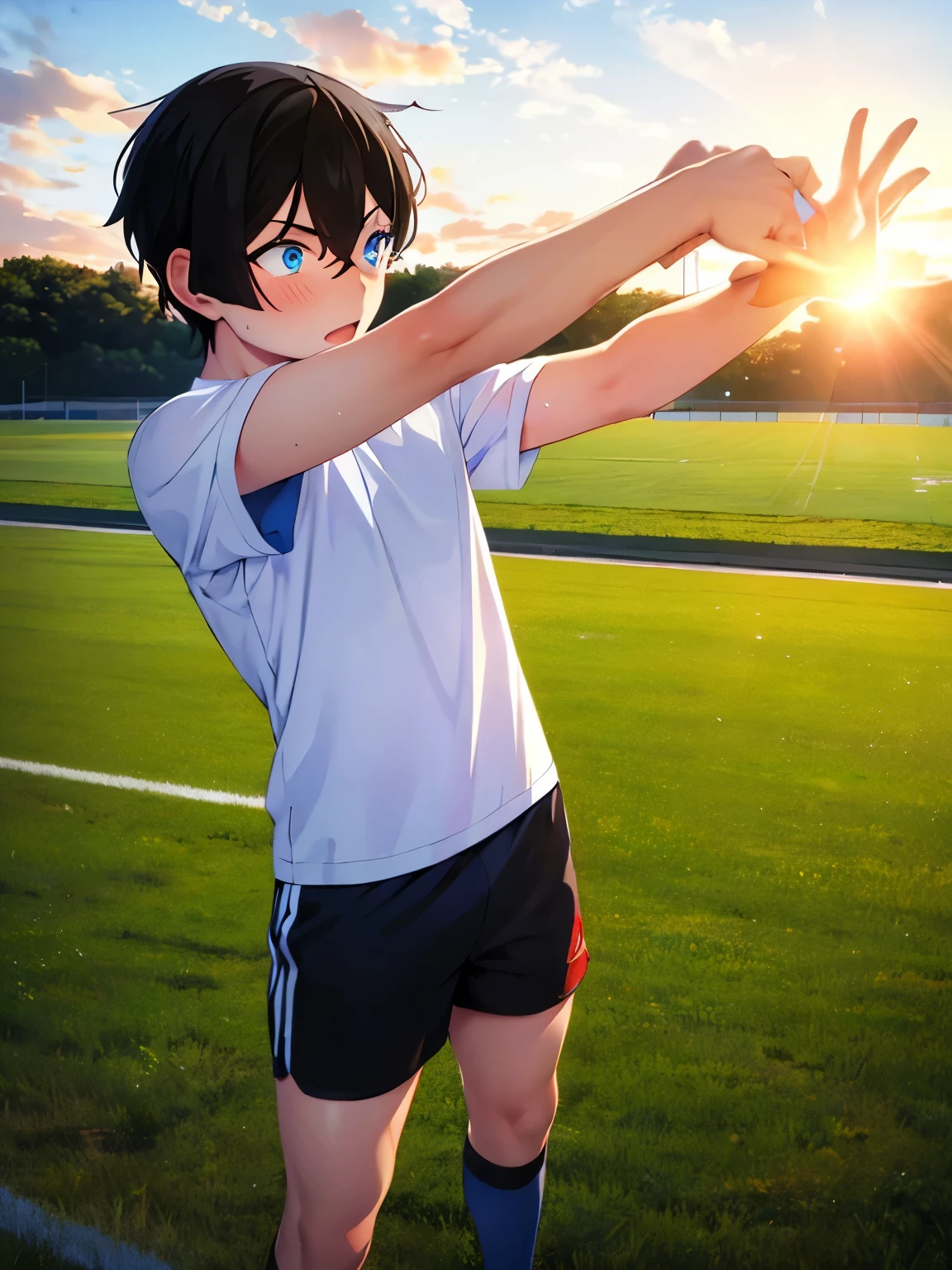 1boy, looking away, black hair, blue eyes,White sports t-shirt, red sports shorts, standing in the training ground, field, early morning, bright sun,stretching muscles, close up photo, looking away 