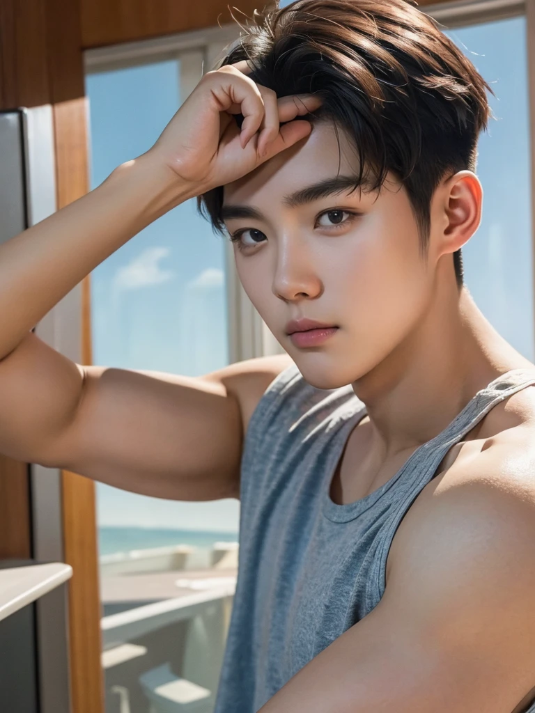 Best quality, High quality, A high resolution, 4K, Masterpiece, detailed face, handsome 25 year old korean man, tank top, he is now at home