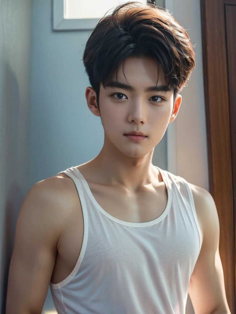 Best quality, High quality, A high resolution, 4K, Masterpiece, detailed face, handsome 25 year old korean man, tank top, he is now at home