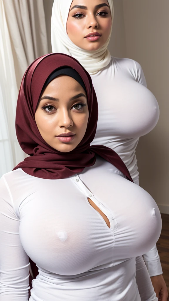 Hijab,gigantic breasts,huge breasts,tight white shirt,see throught,
