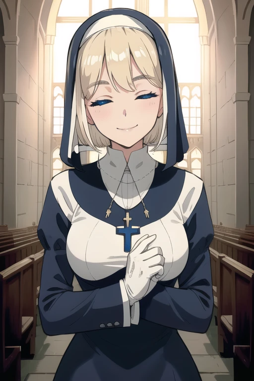 Double, short blonde hair, medium breasts, solo, smiling, cowboy shot, closed eyes,
blue habit, cross necklace ,white gloves, long sleeves, nun,
(insanely detailed, beautiful detailed face,beautiful detailed eyes, masterpiece, best quality) church,