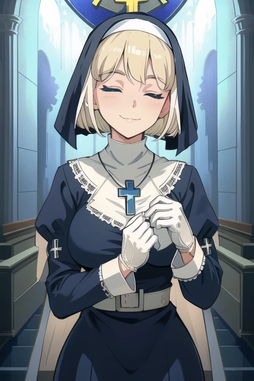 Double, short blonde hair, medium breasts, solo, smiling, cowboy shot, closed eyes,
blue habit, cross necklace ,white gloves, long sleeves, nun,
(insanely detailed, beautiful detailed face,beautiful detailed eyes, masterpiece, best quality) church,
