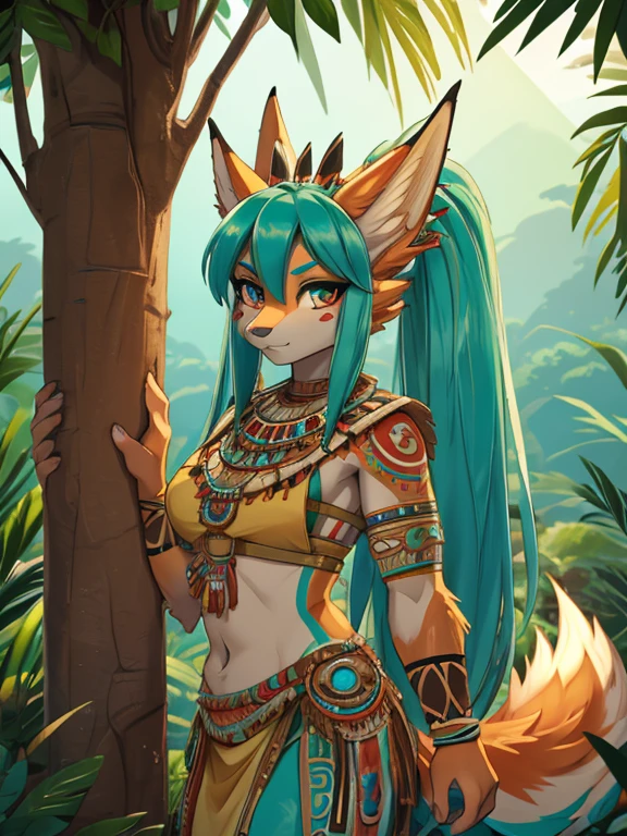 Miku Hatsune,Arabic, piel bronceada, alta definicion, orejas de kitsune, tatuaje tribal, prehispanic clothes, mayan gir, piramid maya landscape, jungle