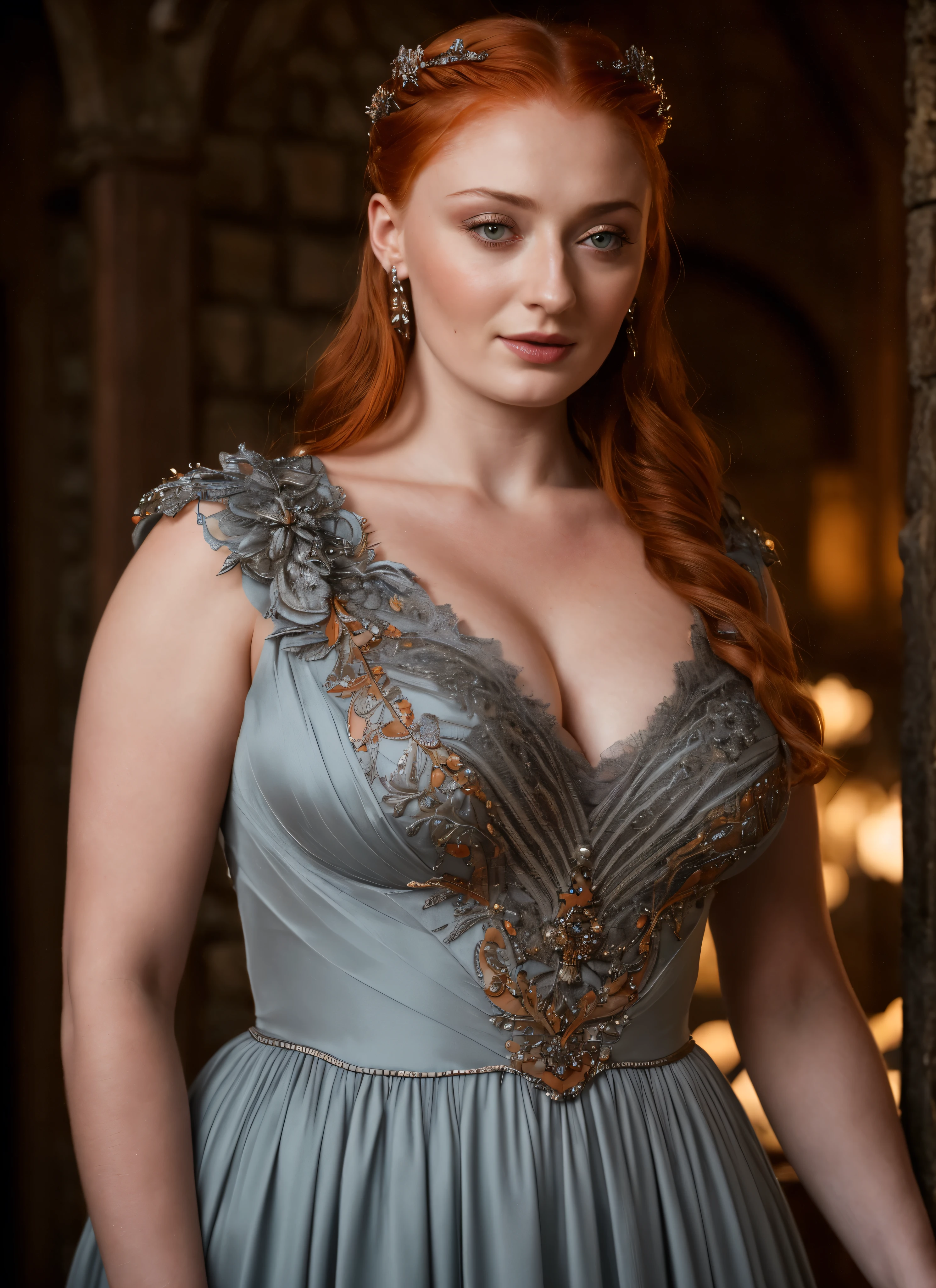 Face of Sophie Turner, Sansa Stark played by Sophie Turner, the de facto Lady of the Eyrie, is a 40-year-old mature queen with a stunning, alluring appearance. Full Face, Full figured woman, pierced eyes, reddish lips, upper body shot, erotic Mediaeval costumes, game of thrones costumes, She wears a Game of Thrones-inspired costume and has a deep cleavage, a perfect thick body, and a perfect thick figure. The photograph captures her in a close-up, with her skin texture and facial features being ultra-realistic and realistic. Juicy thick figure, high quality skin, Skin pores, amazing details, snow, snow flakes, semi realistic, extremely detailed eyes, dark moody orange and black settings, cool environment, artificial intelligence