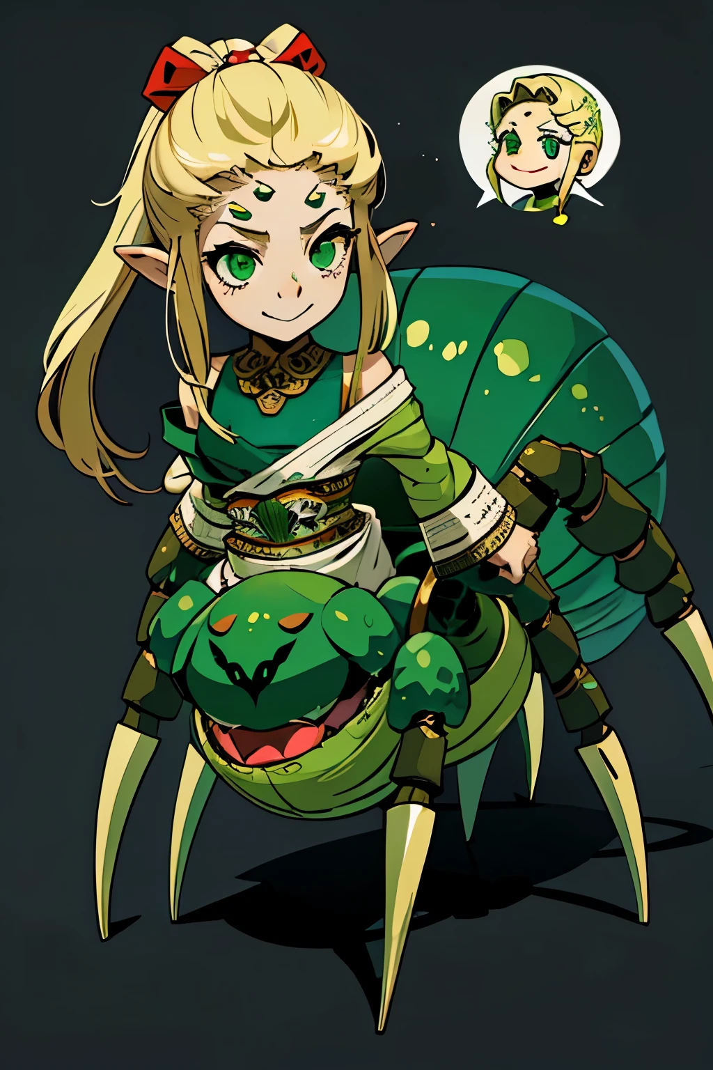 1girl, young, little, 6 years old, chibi, komusume, flat chest, blonde long hair, green clothes, green eyes, innocent expresion, smiling, arachnid style, spider body, background filled fumes, Tartarus scenery, in Tartarus, surrounded by giant greek columns, greek scenery and furniture, main character, hades style, Arachne, spider legs coming from her back