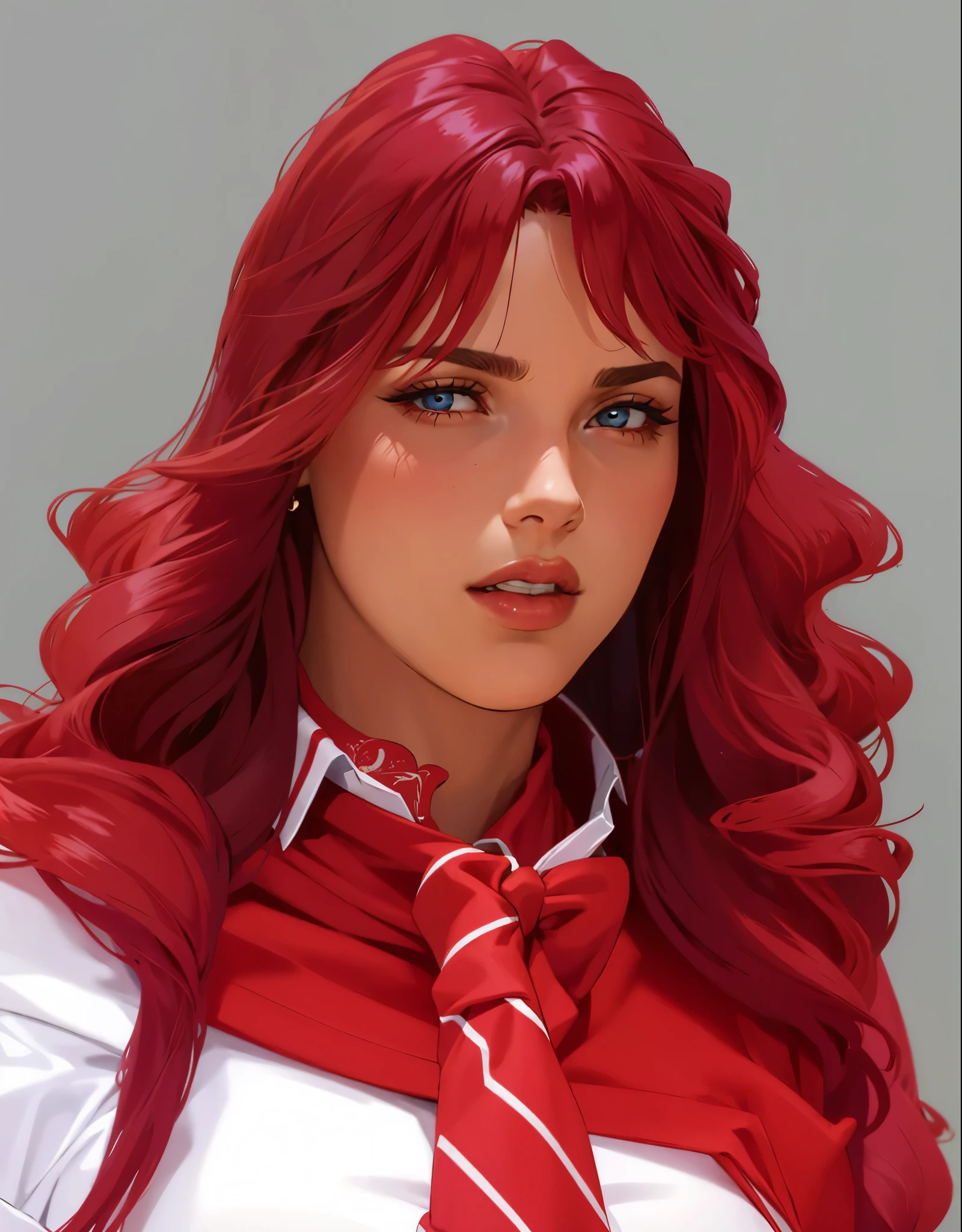 Roberta Pardo, uma personagem da novela "Rebelde", Sensual, performed by Dulce María. Ela tem cabelo vermelho vibrante, estilizado em ondas soltas com franja. Roberta is wearing a school uniform: a fitted white shirt with the buttons open and the sleeves rolled up, combined with a red tie loosely tied around the neck. Sobre os ombros, she has a red sweater. Ela veste uma saia curta plissada azul-marinho com um cinto distinto que exibe o emblema da Elite Way School. Roberta completa seu visual com botas de cano alto em jeans azul escuro e meias brancas aparecendo no topo. Add multiple bracelets to your wrists, enfatizando sua personalidade rebelde e estilosa. O fundo deve ser simples e cinza, focusing attention on your striking appearance, extremamente realista, muito linda, sexy, bunda grande, pernas grossas, Fitness.