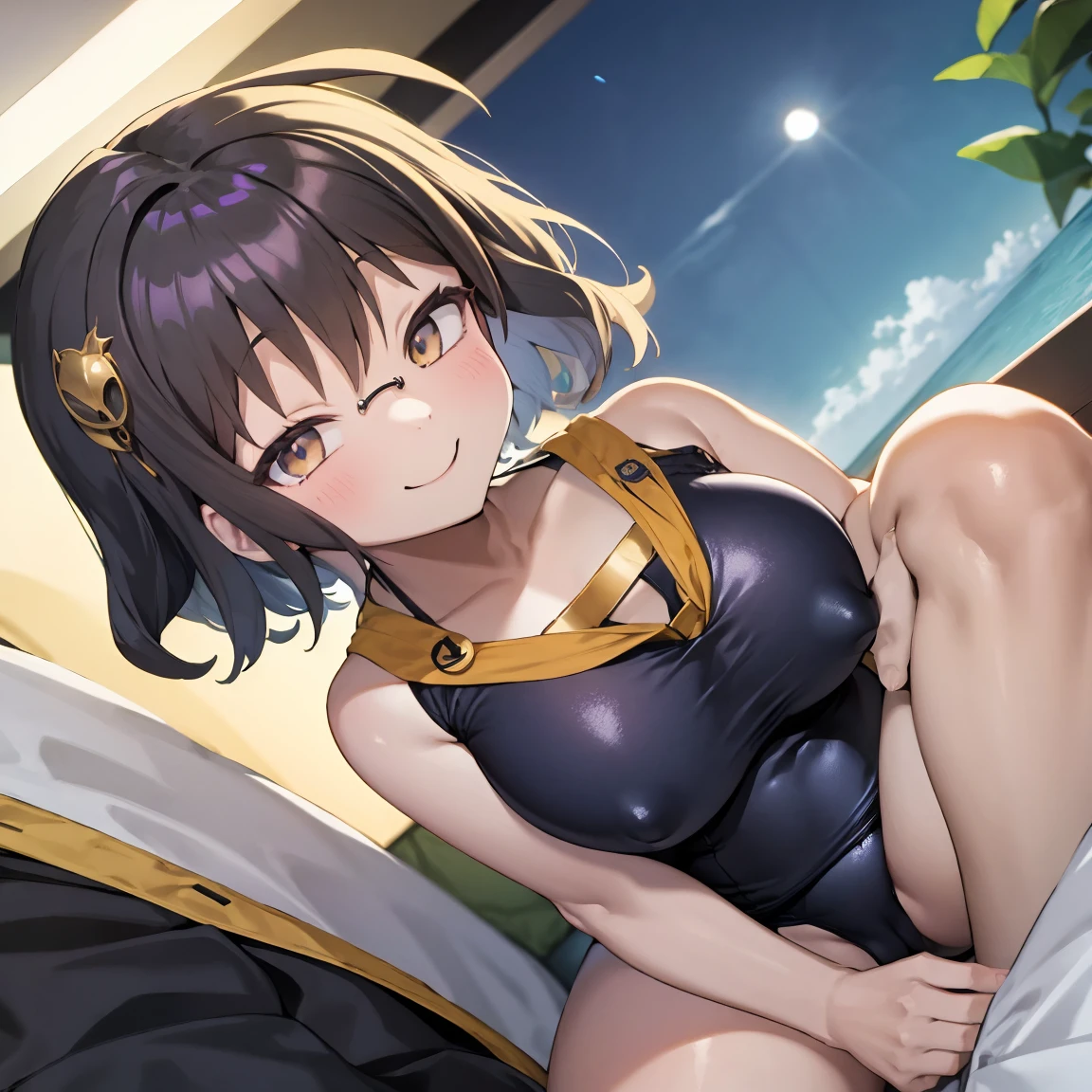 8k、masterpiece、Japanese、Woman wearing glasses、anise、from the front、smile、Childish、Big Breasts、Sheer School Swimsuit、night、Bedroom、