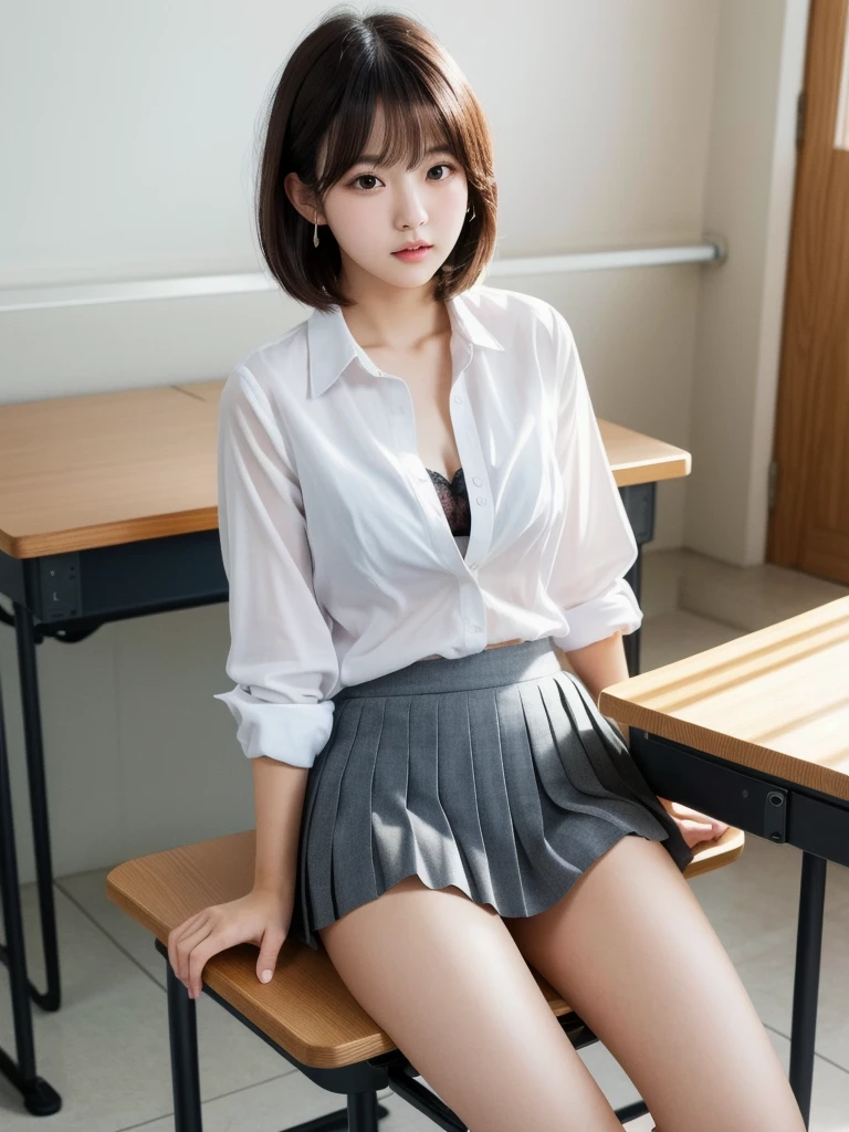 (8k, Photorealistic, Raw photo, Highest quality: 1.4),Japanese idol-style beautiful girl,1 person,,Hairstyle(Short Bob,Black,Disarray),She has her hair tucked behind her ears,Large, clear grey eyes,Long eyelashes,Plump Cheeks,Thin and delicate shoulders,Cute Bra,thin abdomen,Open shirt(Unbutton the front and open it completely :1.4,Hemming out),(Pleated skirt),School classroom,(Sit at a desk(Legs wide open :1.95,Hands between legs,slouch)),(View from below),Full body portrait