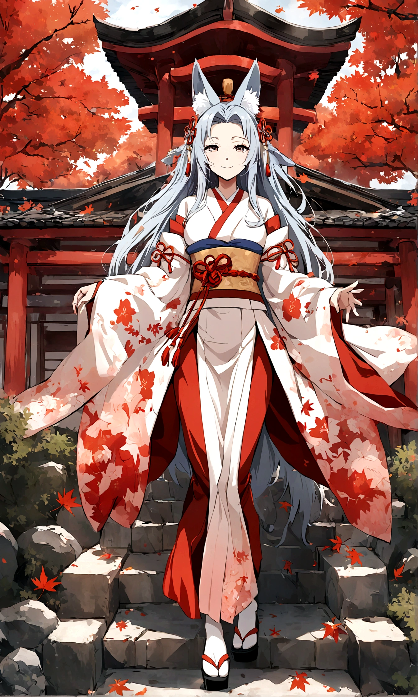 （Fox ears），Mature and elegant，身穿kimono的女性、Long hair，（kimono，White tabi and geta），shrine，Shrine maiden，Gentle smile，美丽的shrine风景，Autumn,maple，Anime Background，Japanese art style,, 8K，fallen leaves