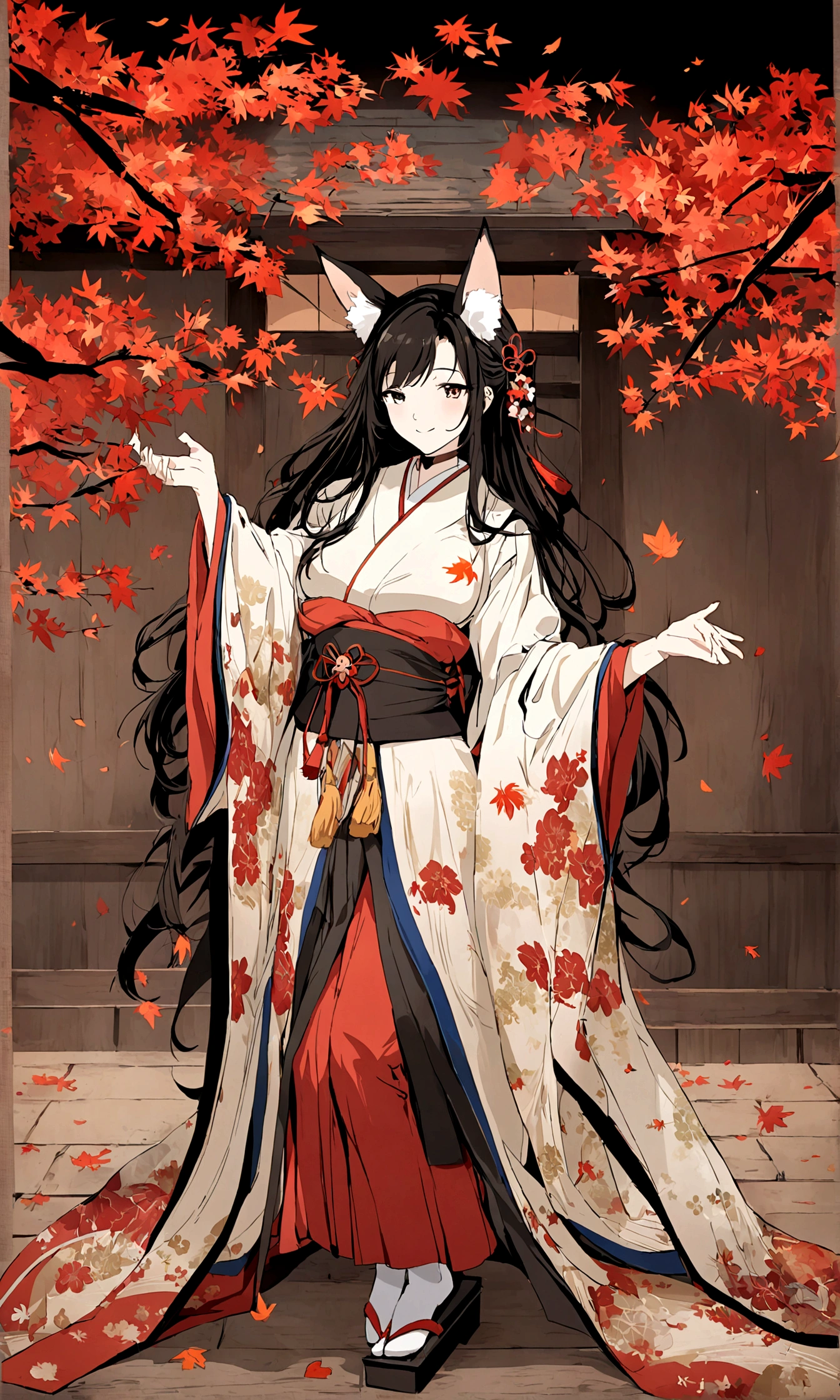 (Fox ears),Mature and elegant,身穿kimono的女性、Long hair,(kimono,White tabi and geta),shrine,Shrine maiden,Gentle smile,美丽的shrine风景,Autumn,maple,Anime Background,Japanese art style,, 8K,fallen leaves