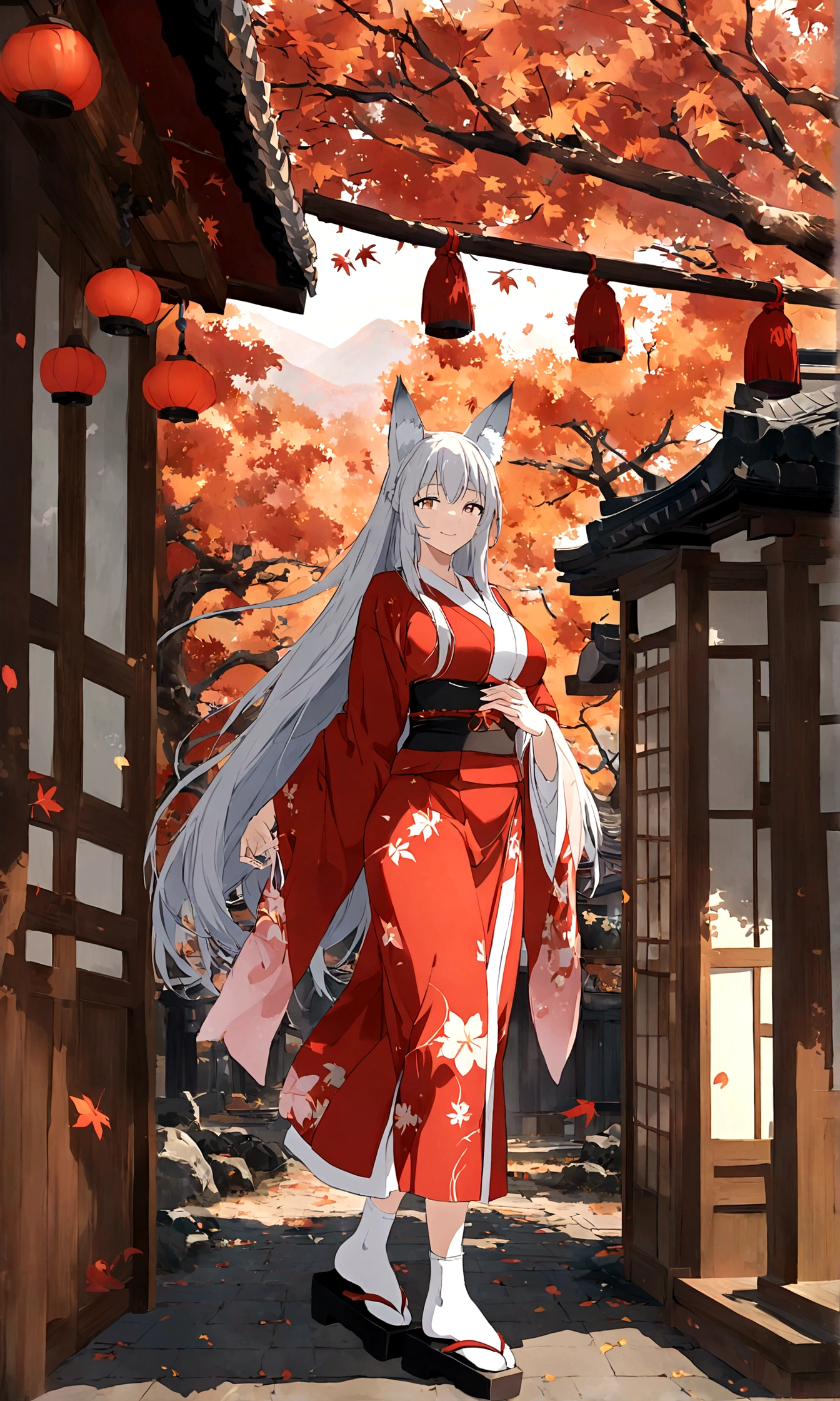 (Fox ears),Mature and elegant,身穿kimono的女性、Long hair,(kimono,White tabi and geta),shrine,Shrine maiden,Gentle smile,美丽的shrine风景,Autumn,maple,Anime Background,Japanese art style,, 8K,fallen leaves