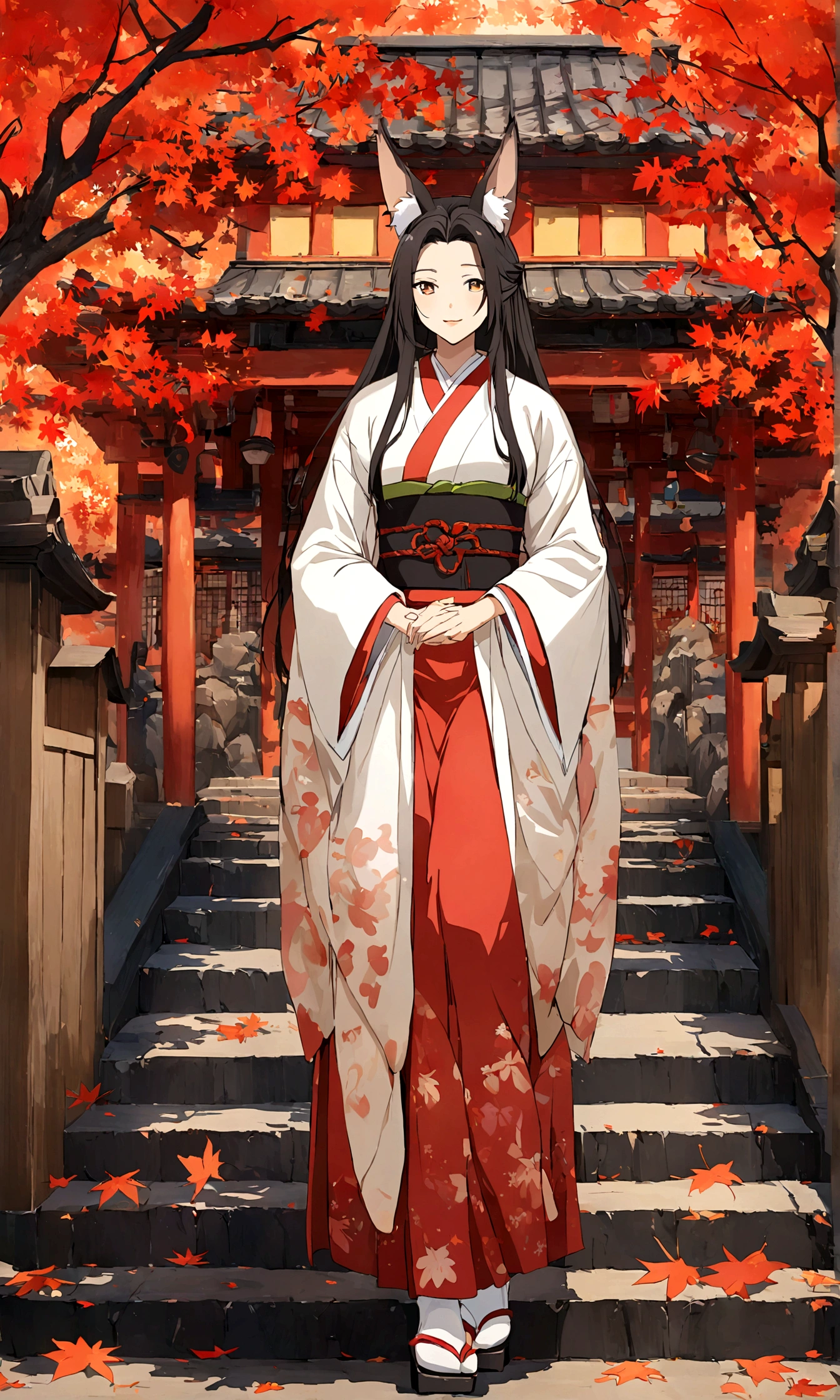 (Fox ears),Mature and elegant,身穿kimono的女性、Long hair,(kimono,White tabi and geta),shrine,Shrine maiden,Gentle smile,美丽的shrine风景,Autumn,maple,Anime Background,Japanese art style,, 8K,fallen leaves