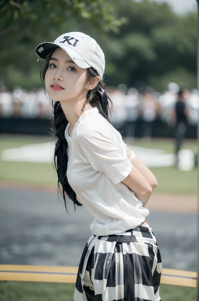 (Extremely meticulous CG),(((8k))),wallpaper,((Extremely refined and beautiful)),(((Masterpiece))),(((best qualtiy))),(((Ultra High Resolution))),beautiful light up,realistic shaded,(Smooth and flawless fair skin:1.5),(Extremely exquisite facial details:1.2),(ultra-detailed:1.5),((a beautiful girl,solo)),(White baseball cap:1.5),(short ponytail:1.2),(wet hair:1.5),(small head:1.2),(slender face:1.2),(Exquisite makeup:1.3),(happy:1.2),(laughing:1.2),(perfect body:1.1),(wet:1.5),(sweat:1.3),(shiny skin:1.5),(white shirt with short sleeves:1.3),(small breasts:1.3),(flat chest:1.2),(black and white small-checkered silk pants:1.5),((slim,thin)),(from front:1.3),(standing:1.3),(arms behind back:1.3),(at the school:1.5),(urban landscape:1.3),(outdoor:1.3),(summer:1.3),(day scene:1.3),(gloomy:1.3),(rainy:1.3),(overcast:1.5),(upper body:1.3),(surrounded by crowded crowds:1.5)